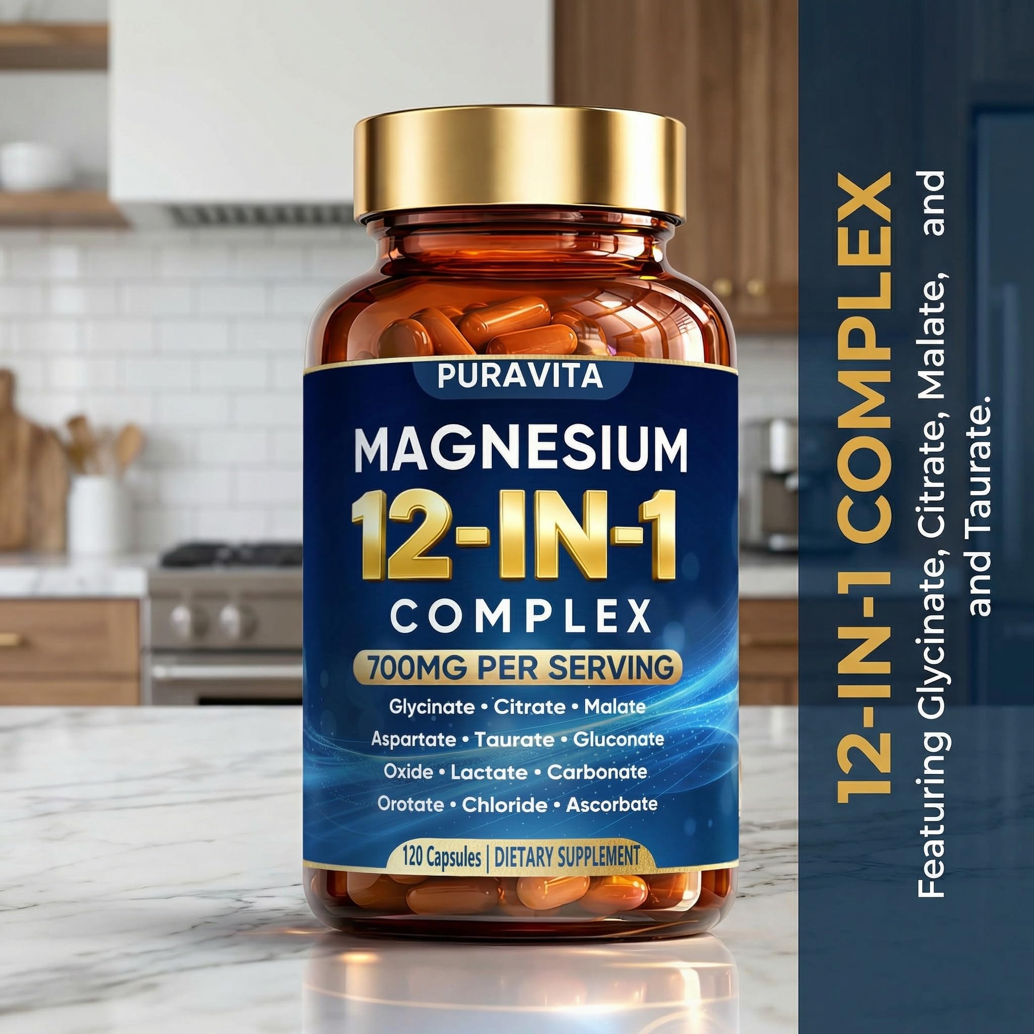 Puravita 12 in 1 Magnesium Complex Capsules - 700mg High Absorption Blend with Glycinate, Citrate, Malate, Oxide & Taurate. Supports Muscle Function, Nerve Health & Relaxation - 120 Capsules (1) PURAVITA uk supplements