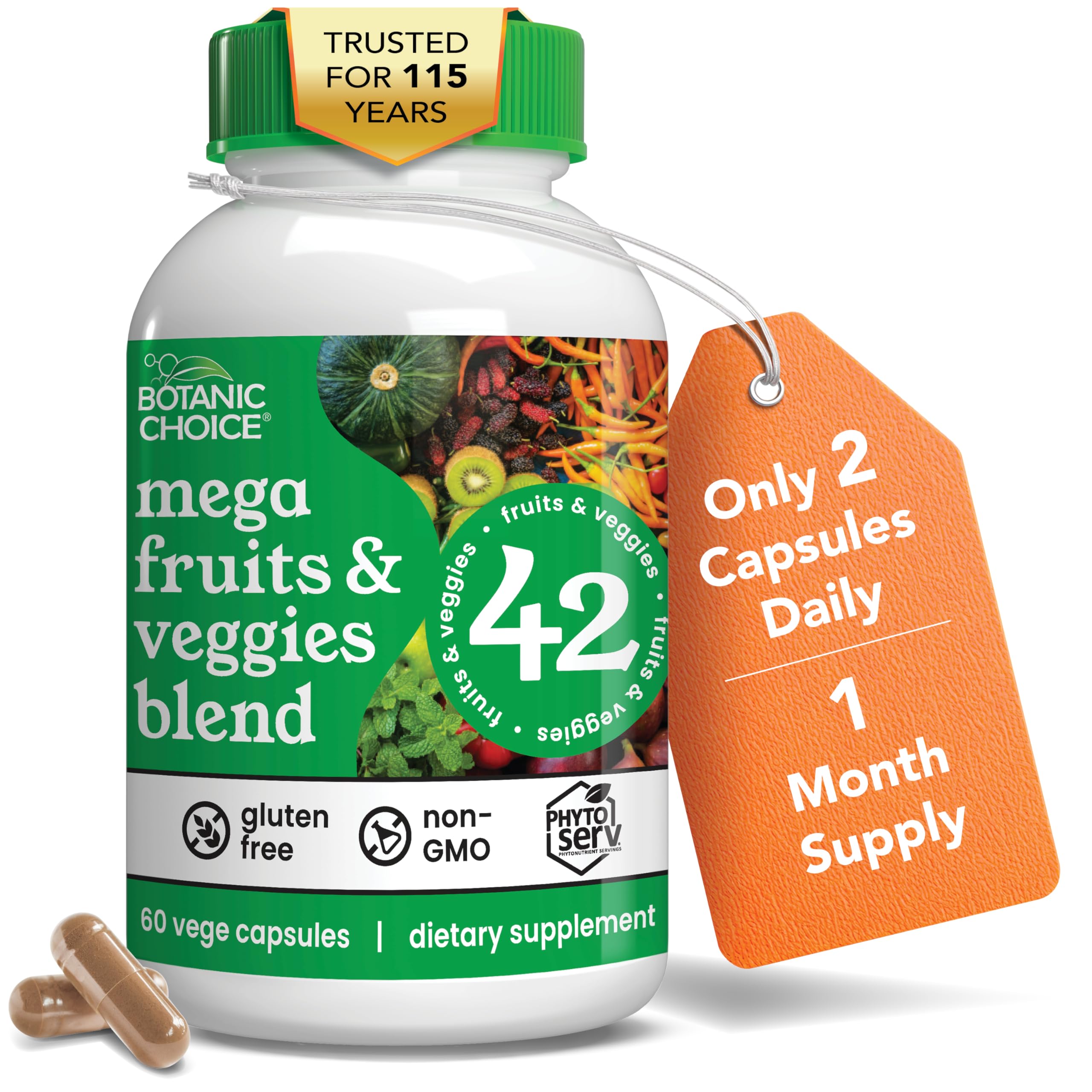 Botanic Choice Since 1910 - Mega Fruits & Veggies Blend - 42 Fruits and Vegetables - 2 Caps Daily - 60 Count Supplement Botanic Choice uk supplements