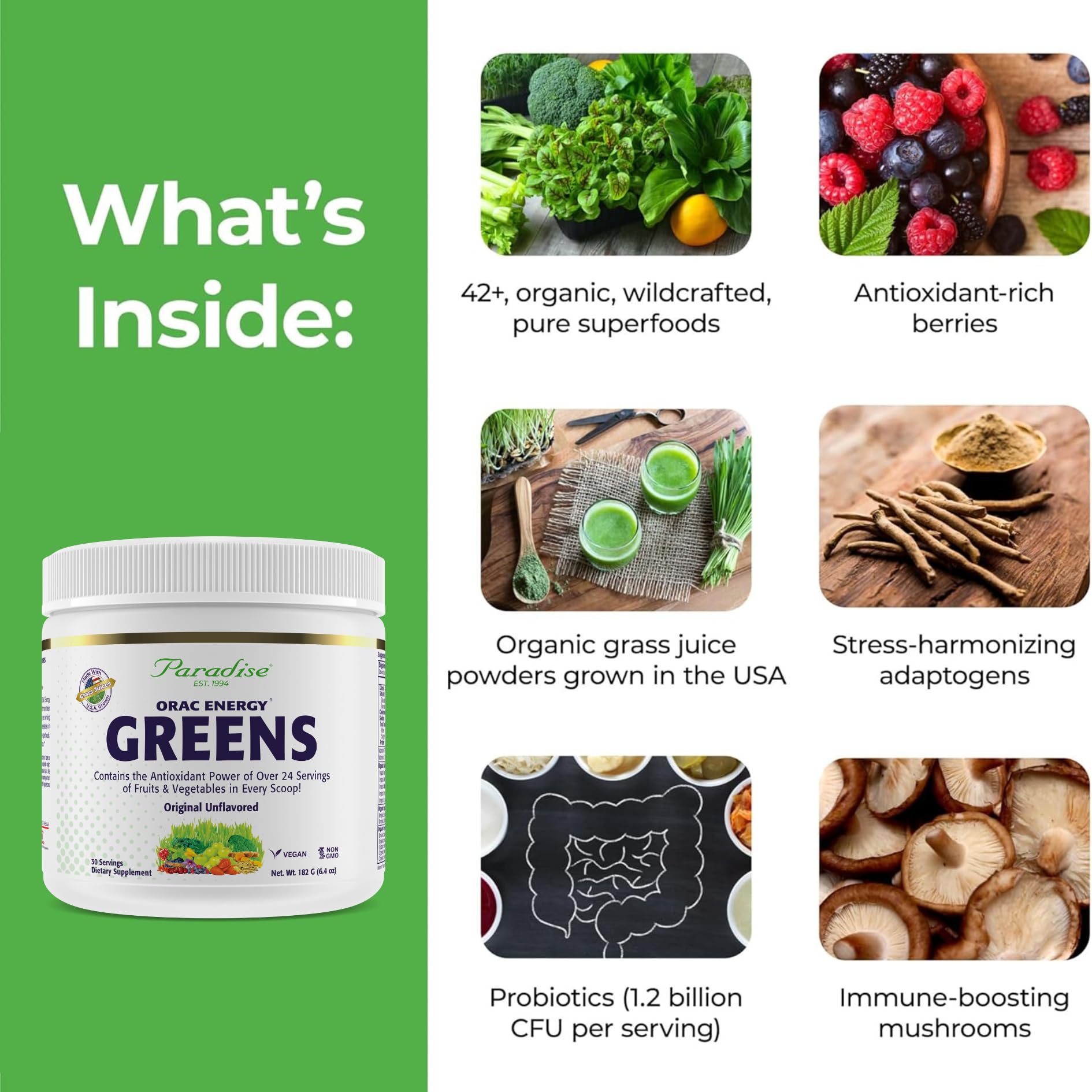 Paradise, ORAC Energy Greens Powder Extract, Super Antioxidants, Probiotics for Gut Health & Digestion, Vitamin C for Immunity, with Spirulina & Chlorella, Non-GMO, Gluten Free, 30 Servings Paradise Herbs uk supplements