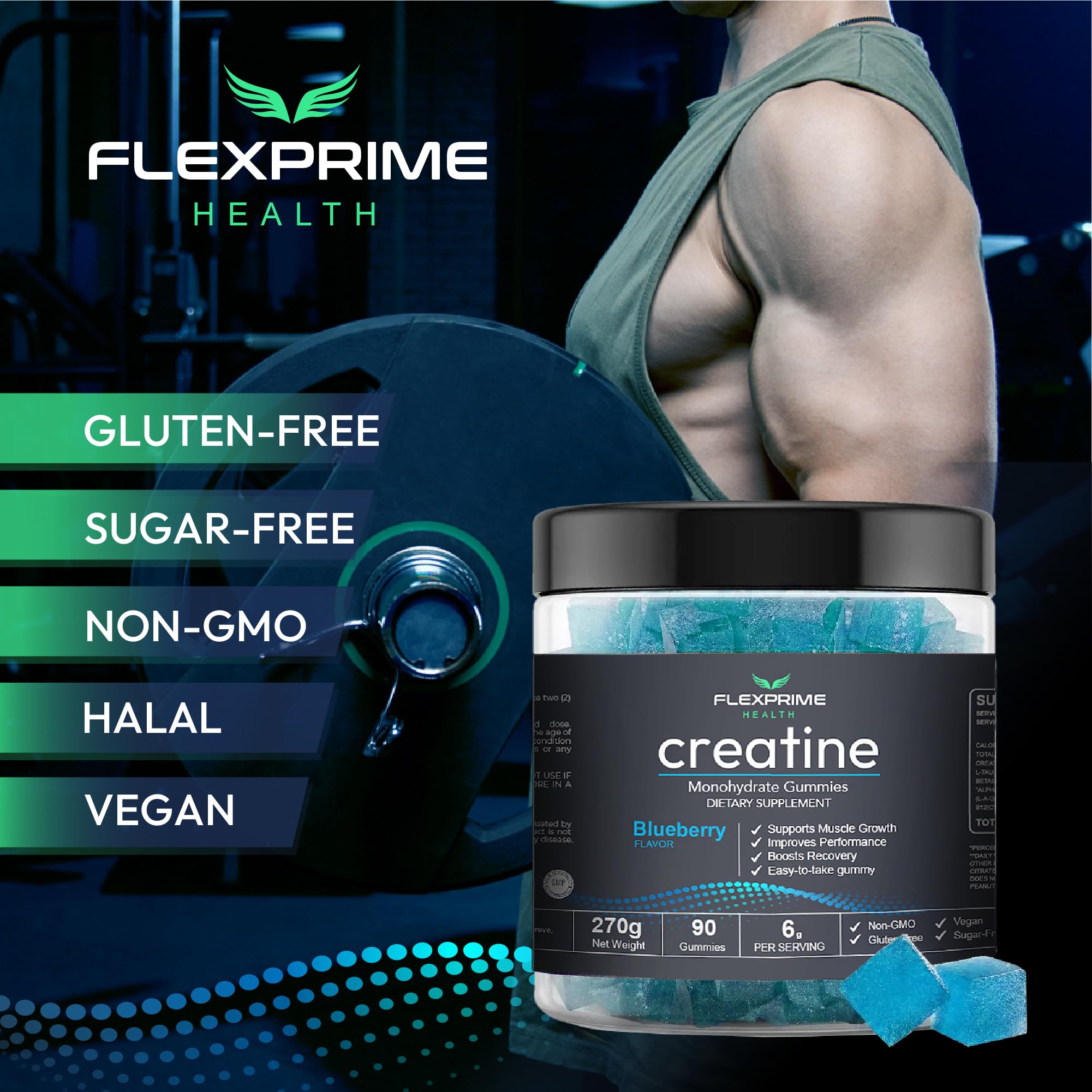 FlexPrime Creatine Gummies Sugar Free - 6g Creatine Monohydrate + L-Taurine, Alpha GPC, Betaine | Vegan Halal Blueberry Chews for Lean Muscle, Strength, Brain Health | Men Women 90 Count FlexPrime uk supplements