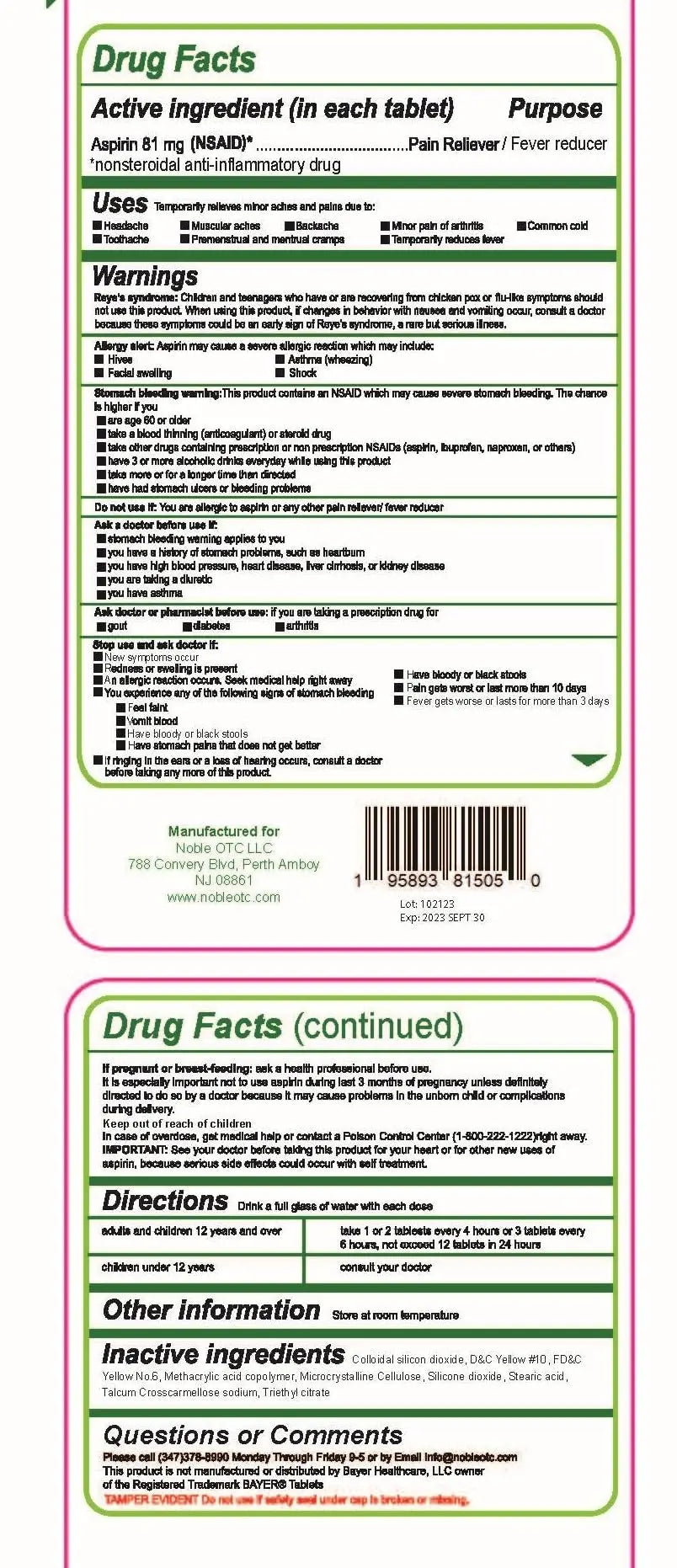 Pure Low Dose Baby Aspirin 81mg for Adults, 100 Count Enteric Coated Aspirin Tablets for Men and Women, Safe Relief for Symtoms Associated with Headache, Arthritis, Cramps NobleAid uk supplements