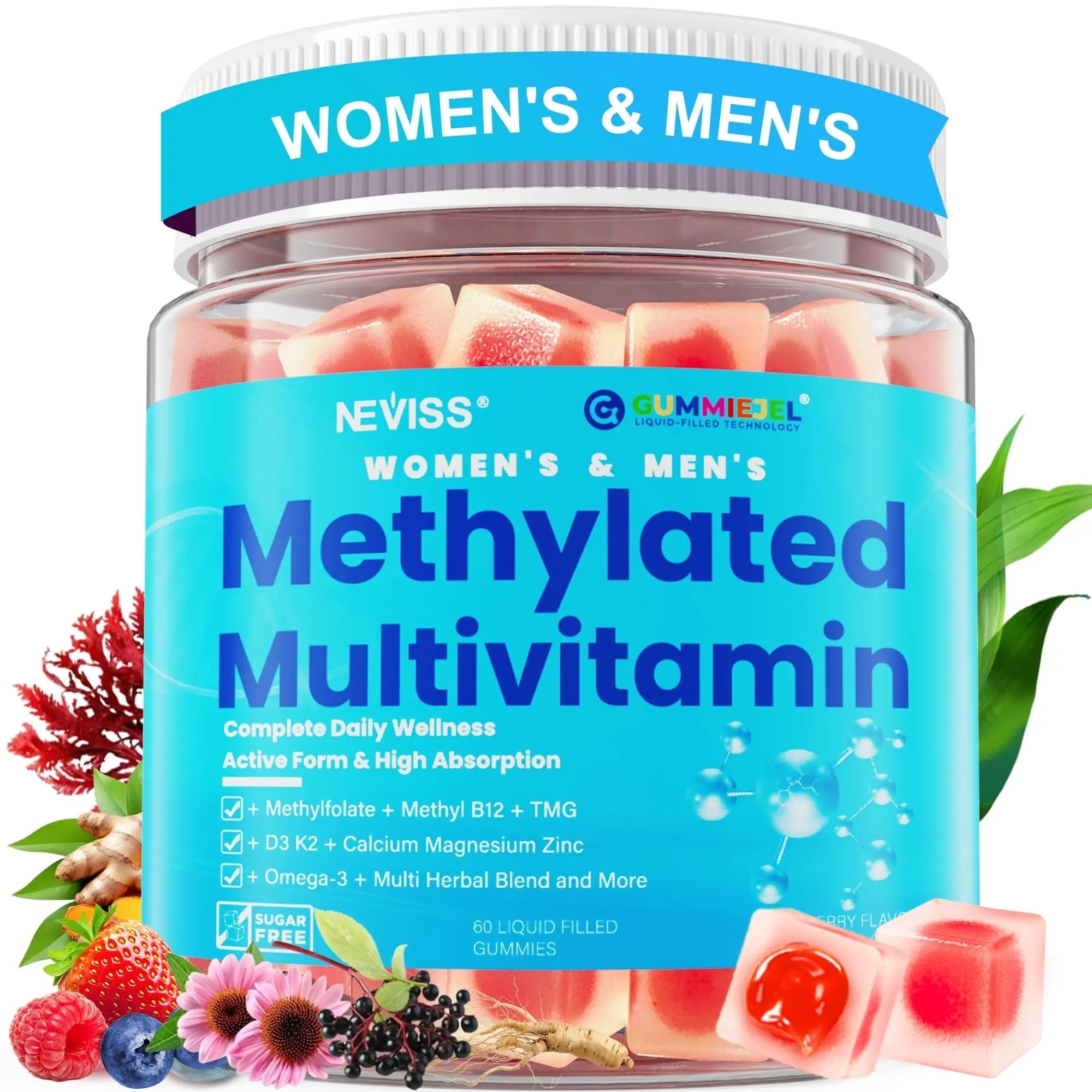 Methylated Multivitamin for Women & Men Gummies w/ Omega-3, Calcium, D3 K2, Methylfolate & B12, TMG, Daily Vitamin A, C, E, B Complex, Magnesium, CoQ10 NEVISS uk supplements