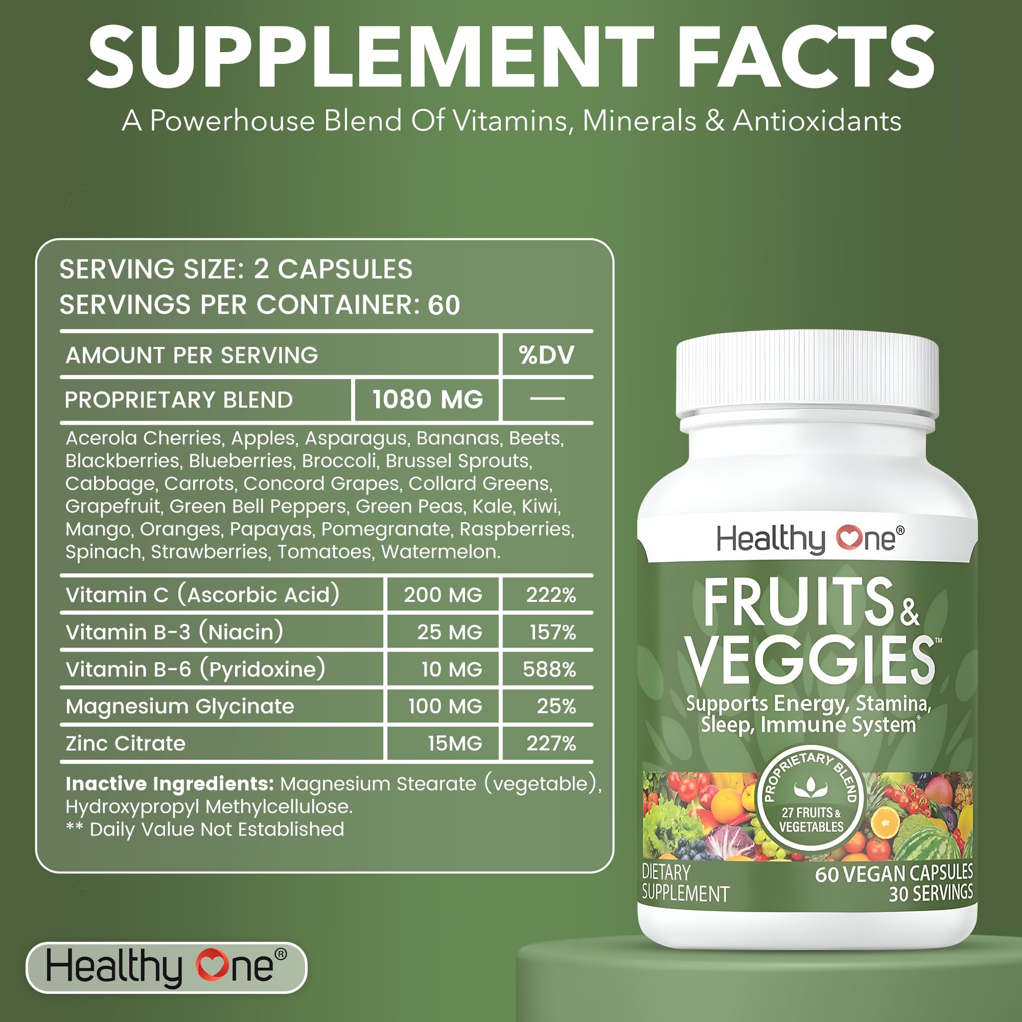 Fruits & Veggies Formula - 27 Premium Whole Foods - Organic Ingredients - Equals 3 Servings of Fruits & Vegetables - Improve Energy, Focus & Immune Function - Fiber - Antioxidants - 120ct (60 Serv) Healthy One uk supplements