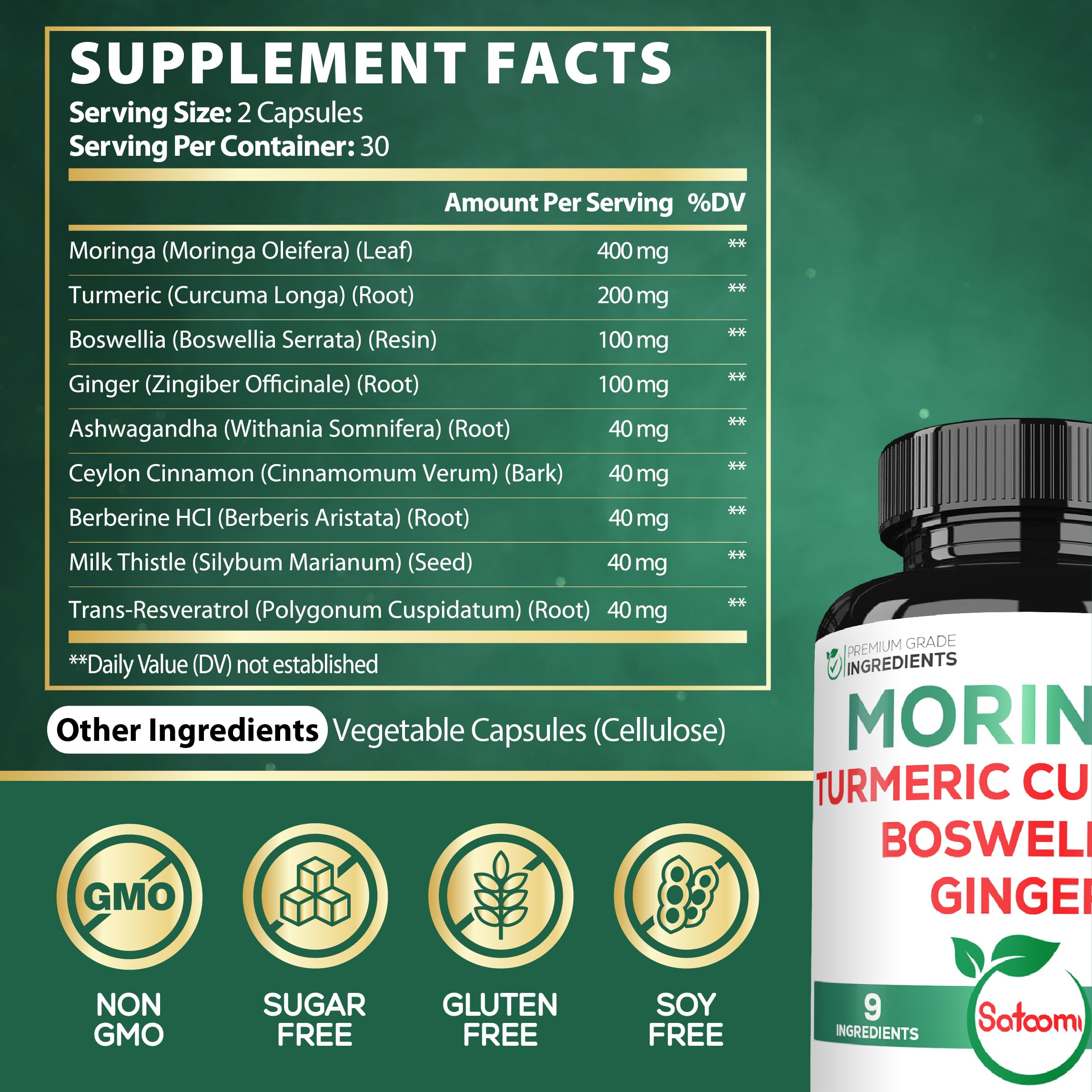 Satoomi 9in1 Moringa Capsules - Featuring Moringa, Turmeric, Boswellia, Ginger, Ashwagandha, Ceylon Cinnamon and Milk Thistle, and Resveratrol | Support Mood, Heart & Overall Health - 60 Count Satoomi uk supplements