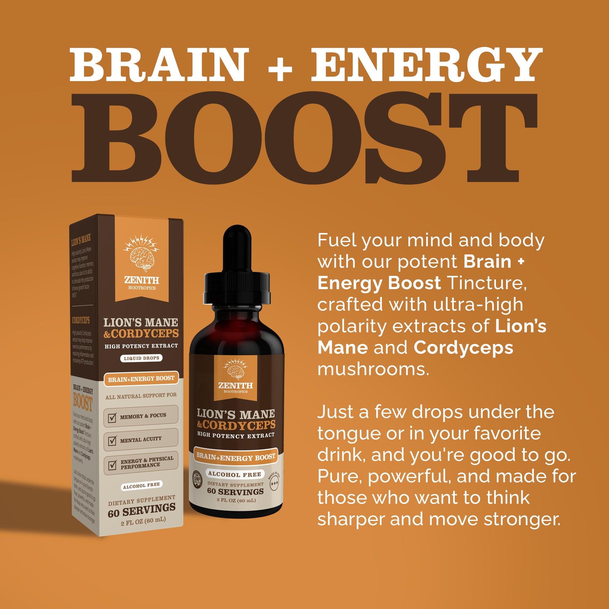 Zenith Nootropics Lion’s Mane & Cordyceps Supplement – Brain & Energy Support – Focus, Memory, Clarity, Immunity – Vegan, Alcohol-Free Tincture – Up-to 2-Month Supply, 2 fl oz Zenith Nootropics uk supplements