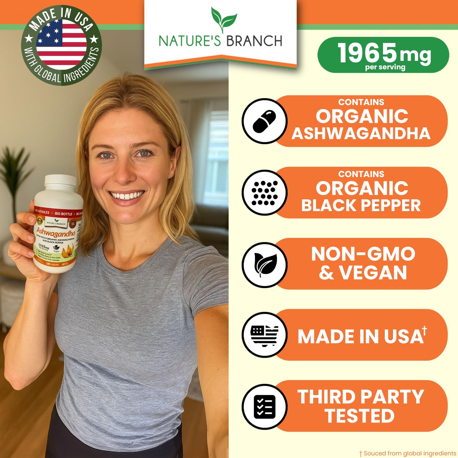 UDAF Certified Organic Ashwagandha with Black Pepper, 1965mg - Extra Strength for Stress, Sleep, Mood, Thyroid, Energy, Hair, Vegan Pure Root Extract Powder Supplement for Men and Women | 180 Capsules NATURE'S BRANCH uk supplements