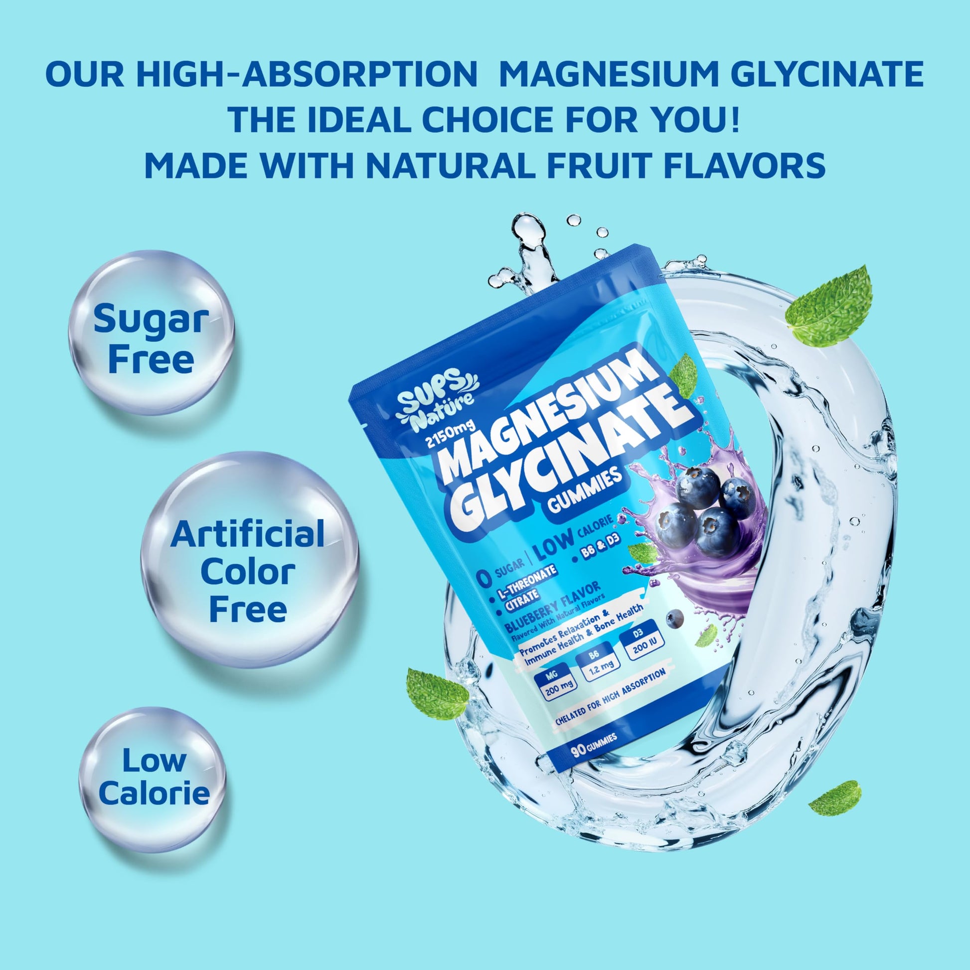 Magnesium Glycinate Gummies 2150 mg with Magnesium L-Threonate for Adults, Melatonin Free, High Absorption, Blueberry Flavor, 90 Count sups nature uk supplements