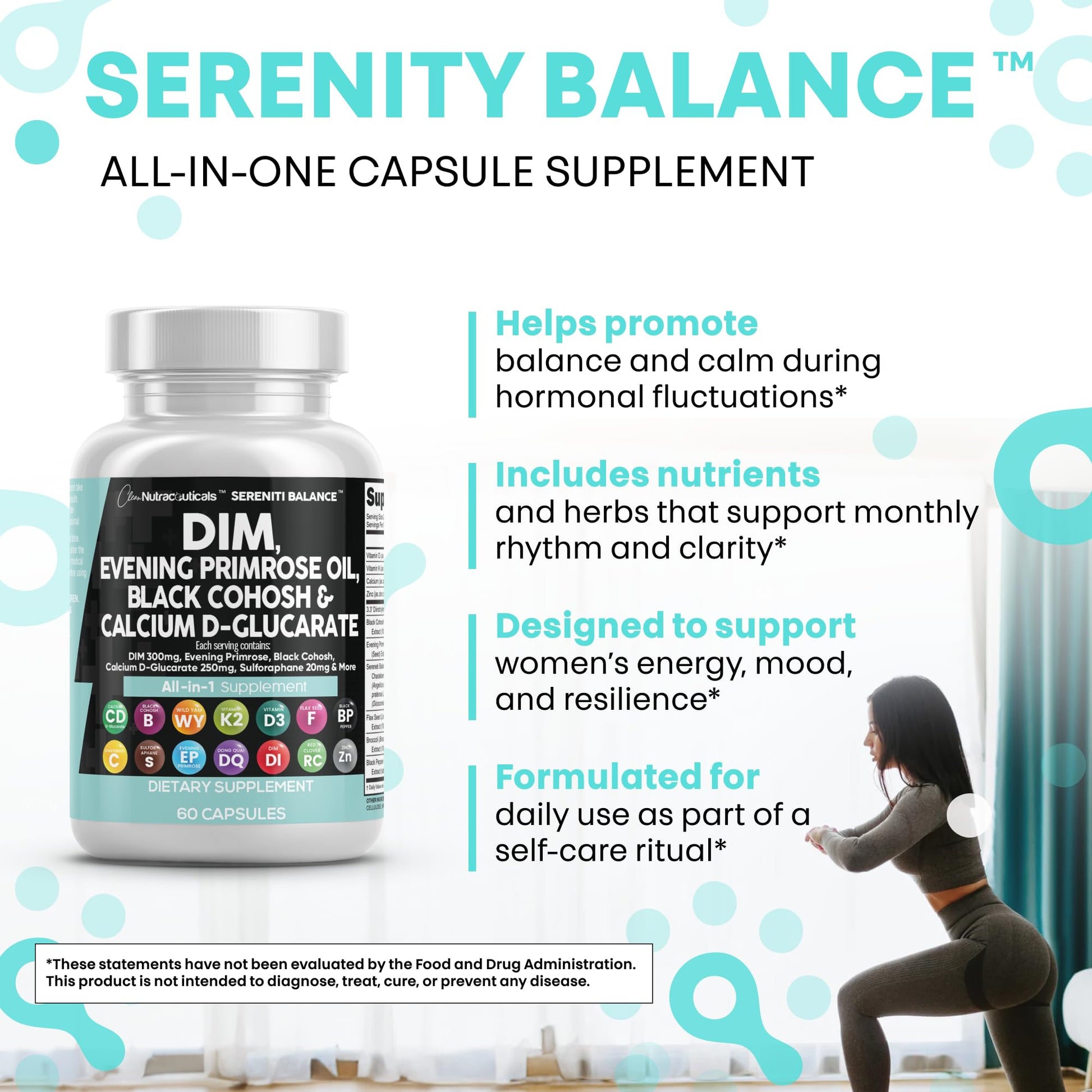 Clean Nutraceuticals DIM Evening Primrose Black Cohosh Calcium D-Glucarate Sulforaphane Flax Seed Extract - Hormonal Support Vitamins for Women with Dong Quai - 60 Caps Clean Nutraceuticals uk supplements