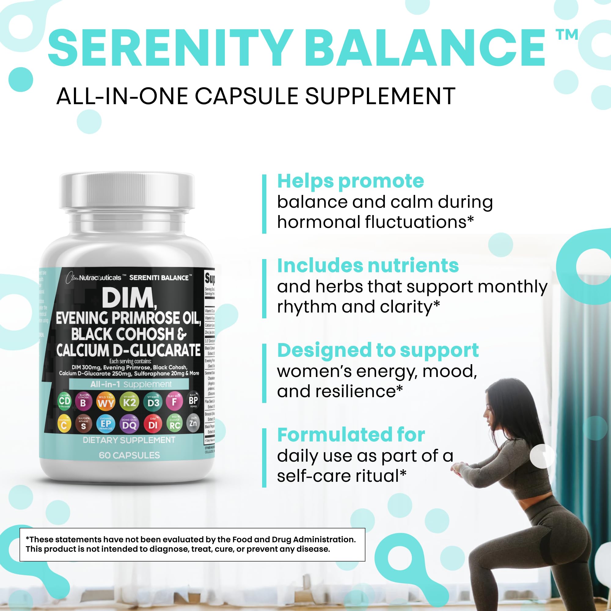 Clean Nutraceuticals DIM Evening Primrose Black Cohosh Calcium D-Glucarate Sulforaphane Flax Seed Extract - Hormonal Support Vitamins for Women with Dong Quai - 60 Caps Clean Nutraceuticals uk supplements