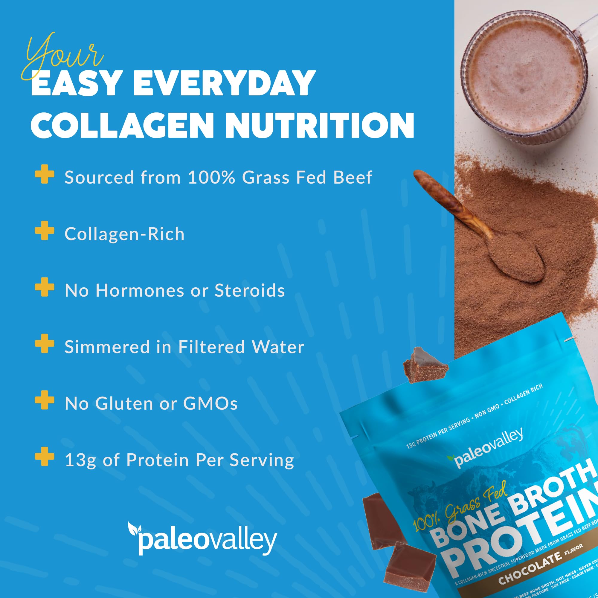 Paleovalley 100% Grass Fed Bone Broth Protein Powder - Chocolate - Rich in Collagen Paleovalley uk supplements