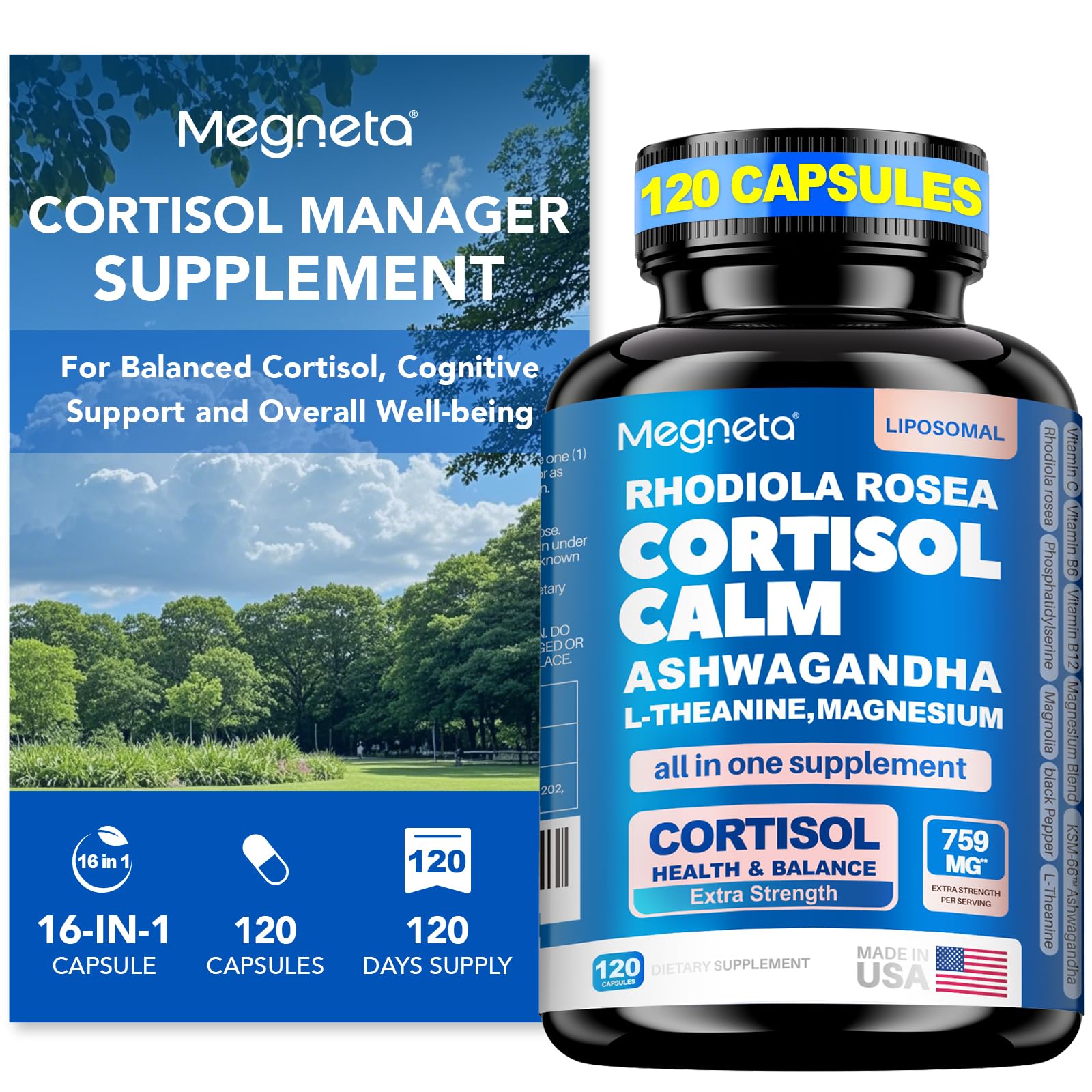 Cortisol Balance & Sleep Support for Women & Men – Natural Calm Formula with Magnesium, Ashwagandha & L-Theanine – Supports Restful Sleep, Relaxation, Focus & Healthy Cortisol Levels – 120 Capsules MEGNETA uk supplements