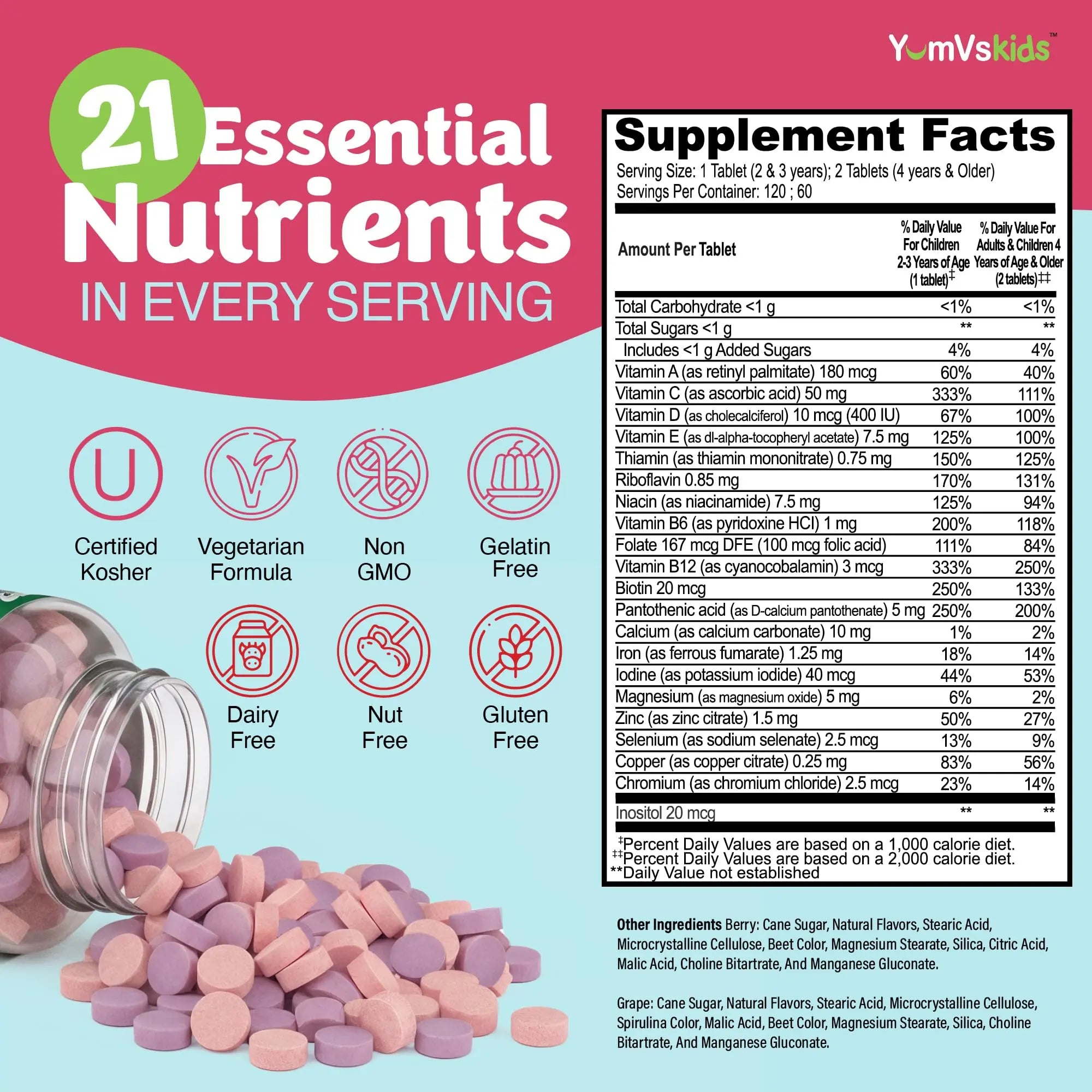 YumVs Kids Multivitamin with Iron & Minerals Chewable Tablets – Grape & Berry Flavor Vitamins for Toddlers & Children Age 2+ – Daily Multivitamin YUM-V'S uk supplements