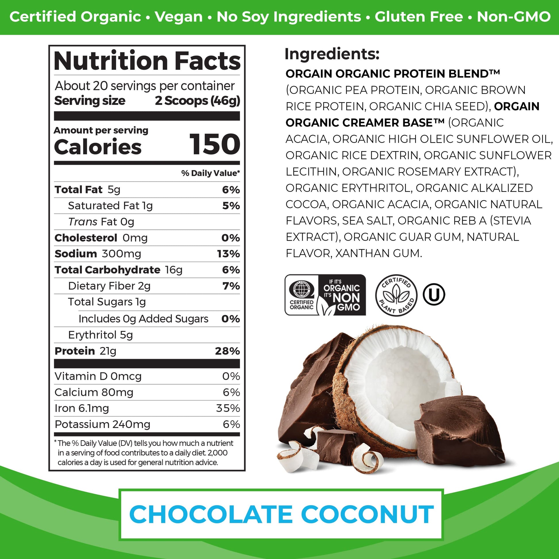 Orgain Organic Vegan Protein Powder, Chocolate Coconut - 21g of Plant Based Protein Orgain uk supplements