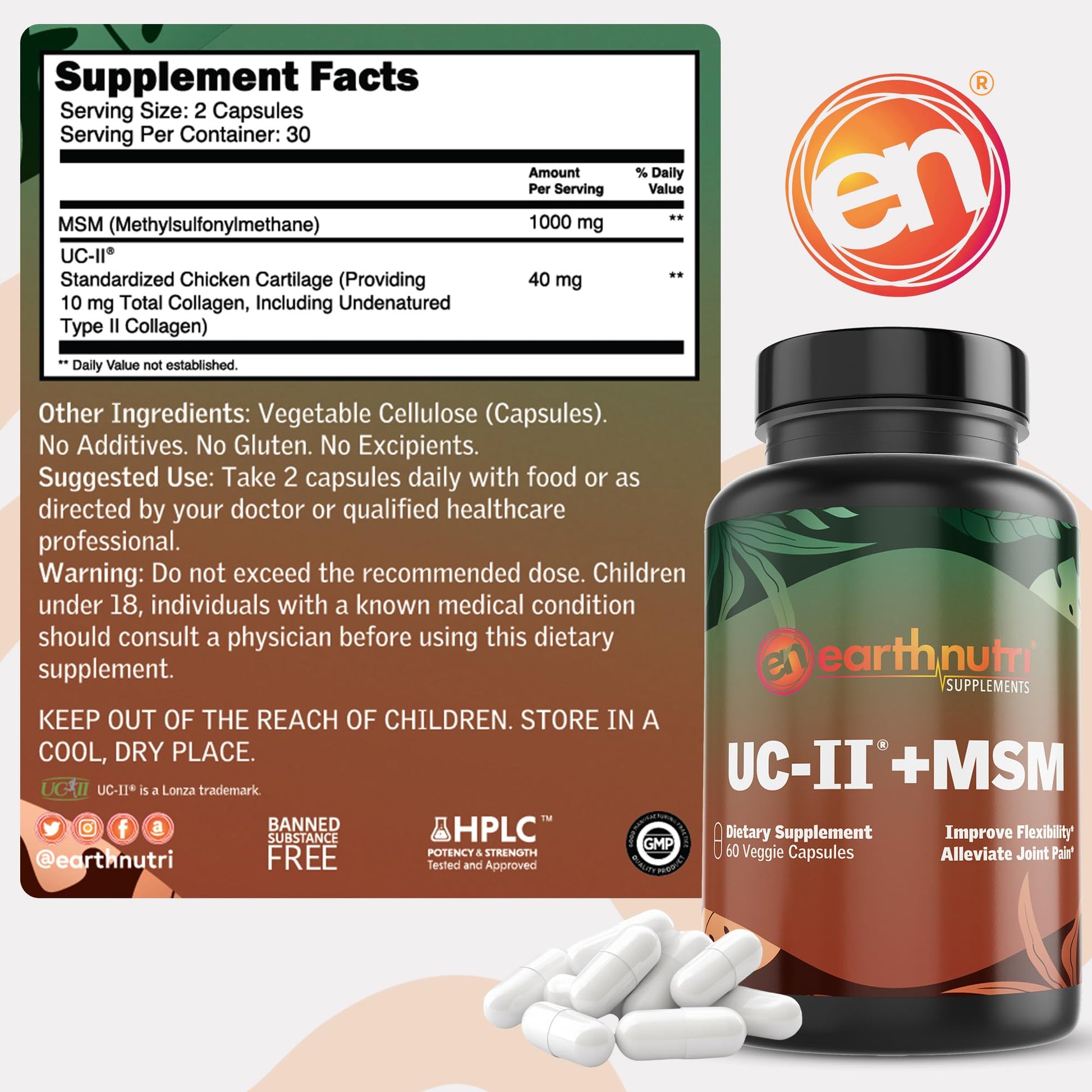 EarthNutri UC-II Collagen & MSM Supplement for Bone Health and Joint Flexibility Joint Supplement - 40mg UC-II Providing 10mg Total Collagen & 1000mg MSM - 60 Capsules (2 Caps Daily) EarthNutri uk supplements