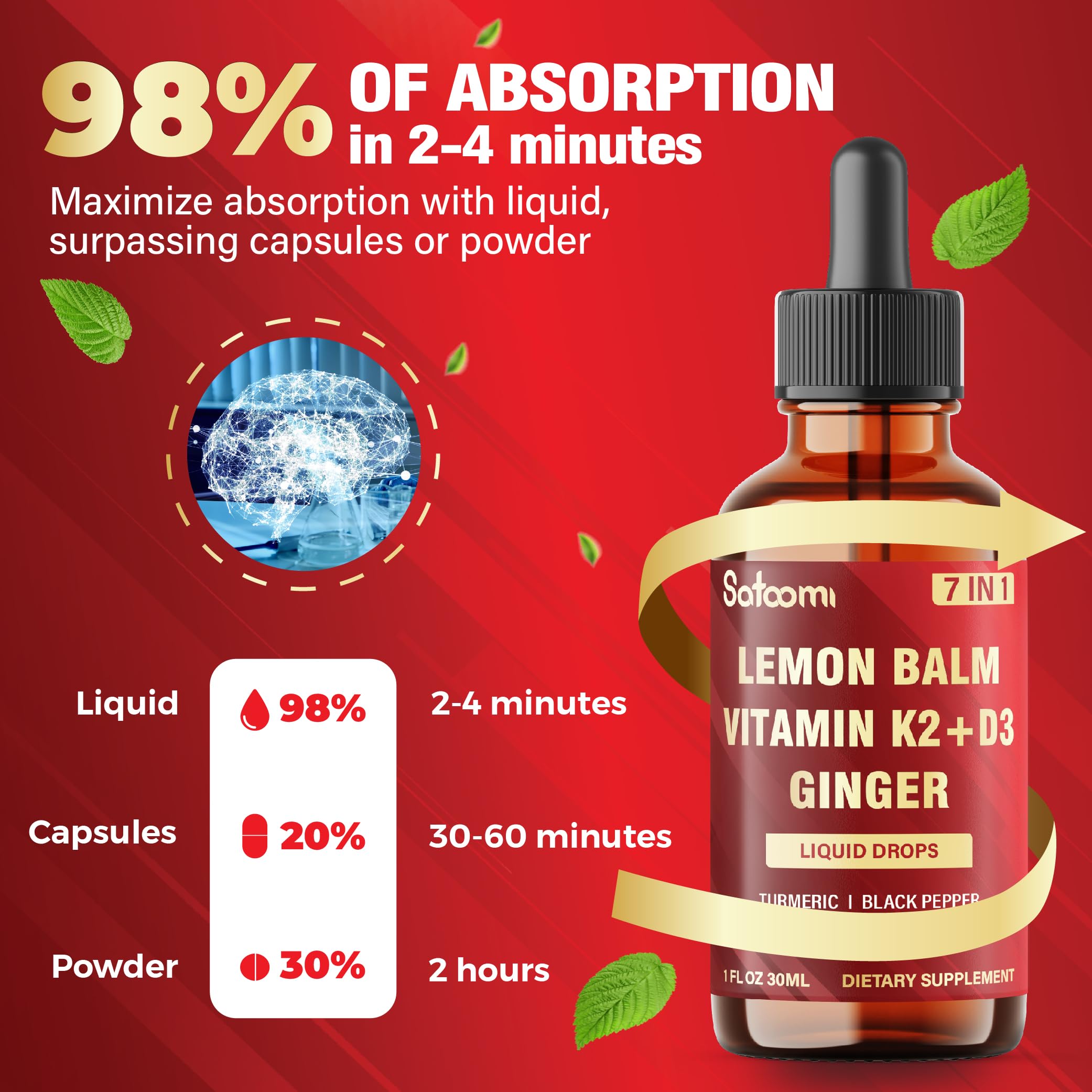 Satoomi 7in1 Lemon Balm Tincture with Vitamin D3, Vitamin K2, Ginger Root, Turmeric, Ceylon Cinnamon and Black Pepper - 1 FL Oz - 60 Day Supply Satoomi uk supplements