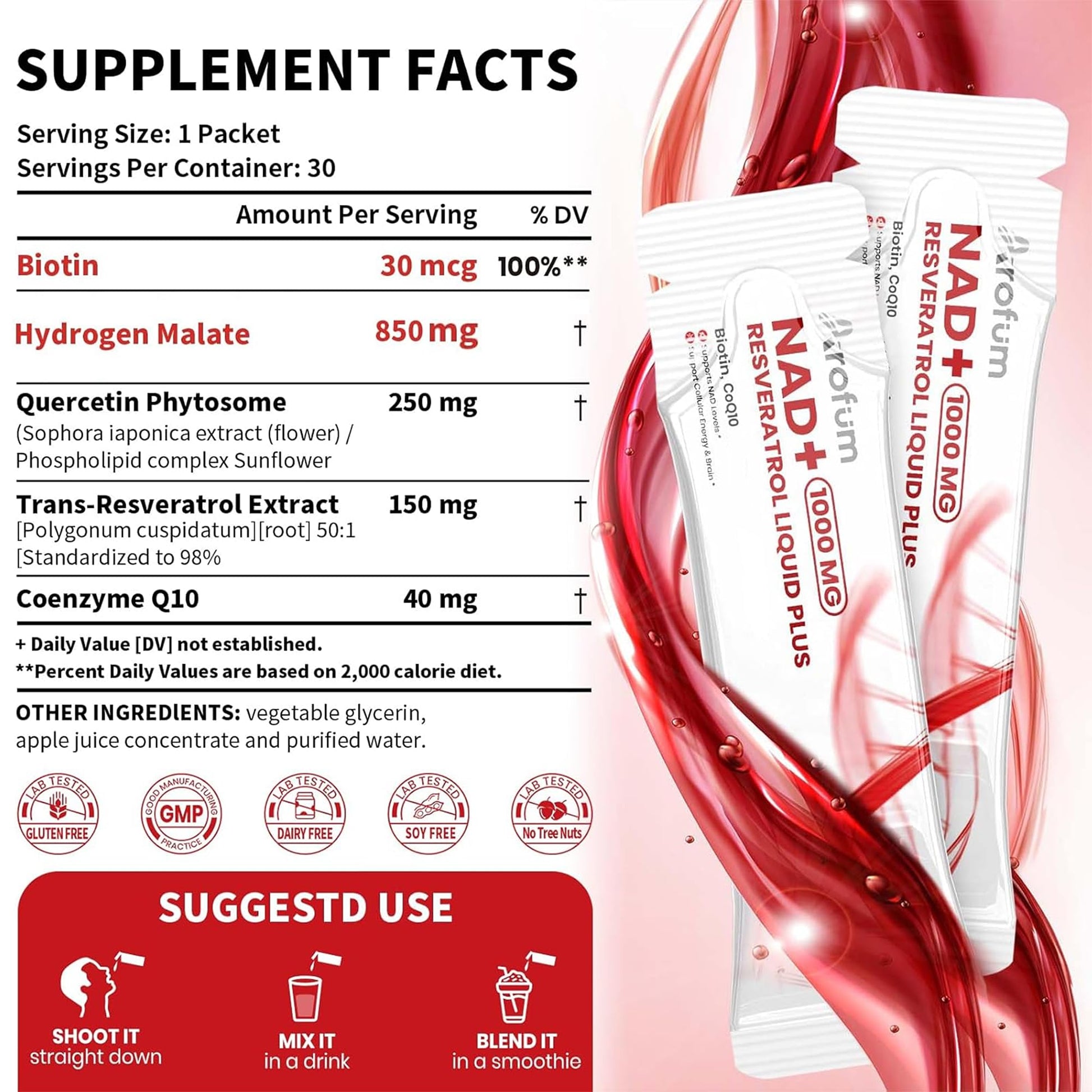 Arofum NAD+ Liquid Supplement 1000mg | 850mg Nicotinamide Riboside with Resveratrol, Quercetin, CoQ10 & Biotin | Cellular Energy, DNA Repair, Healthy Aging | NAD Supplements for Women & Men 30 Packets Arofum uk supplements