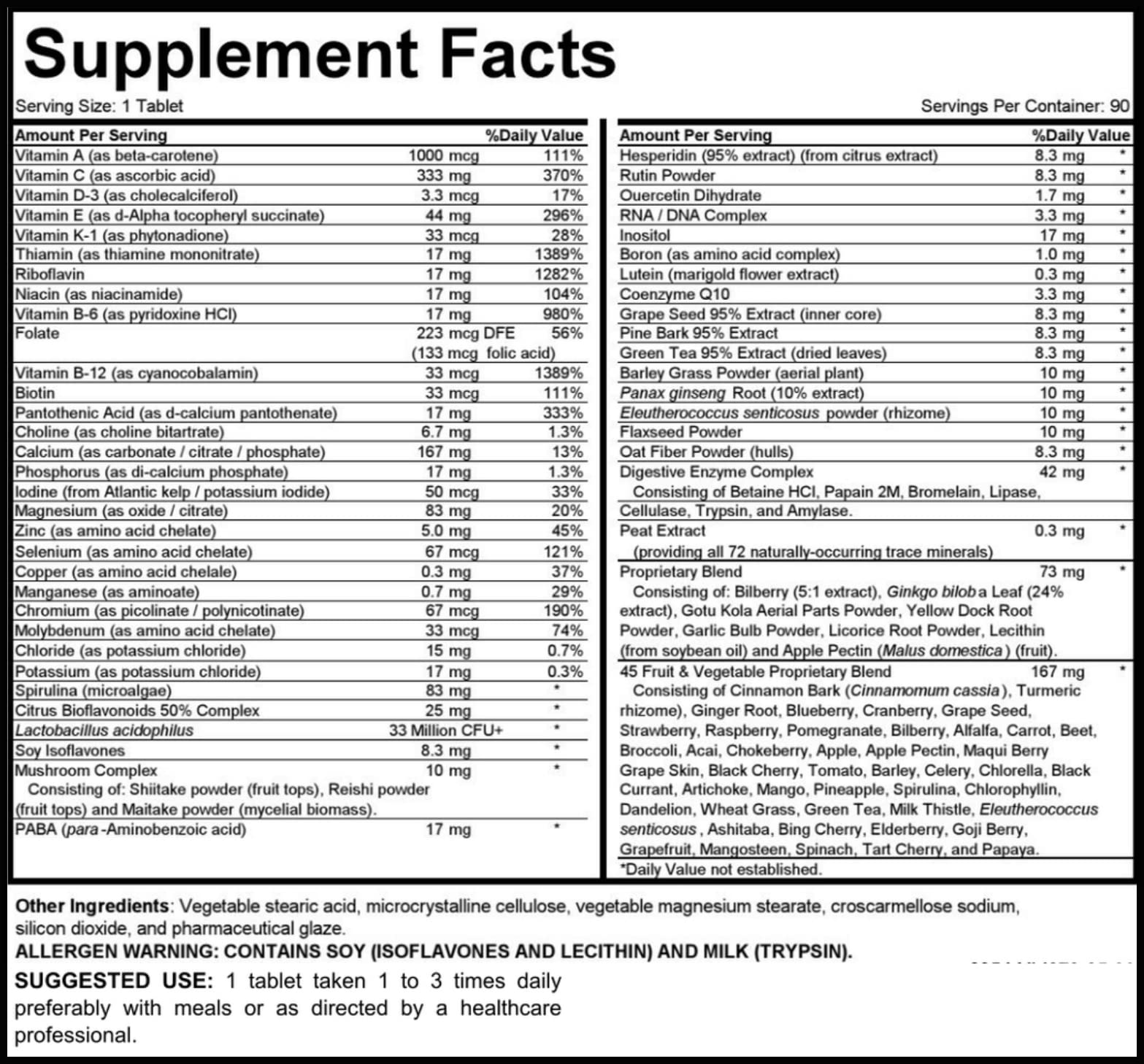 MEGAV-1 Multi-Vitamin, Superfood & Minerals - Daily Multivitamin with Probiotics, Digestive Enzyme, Mushroom Complex for Heart Health, Immune Support, Energy & Stamina - 90 Tablets Hybrid Nutraceuticals uk supplements