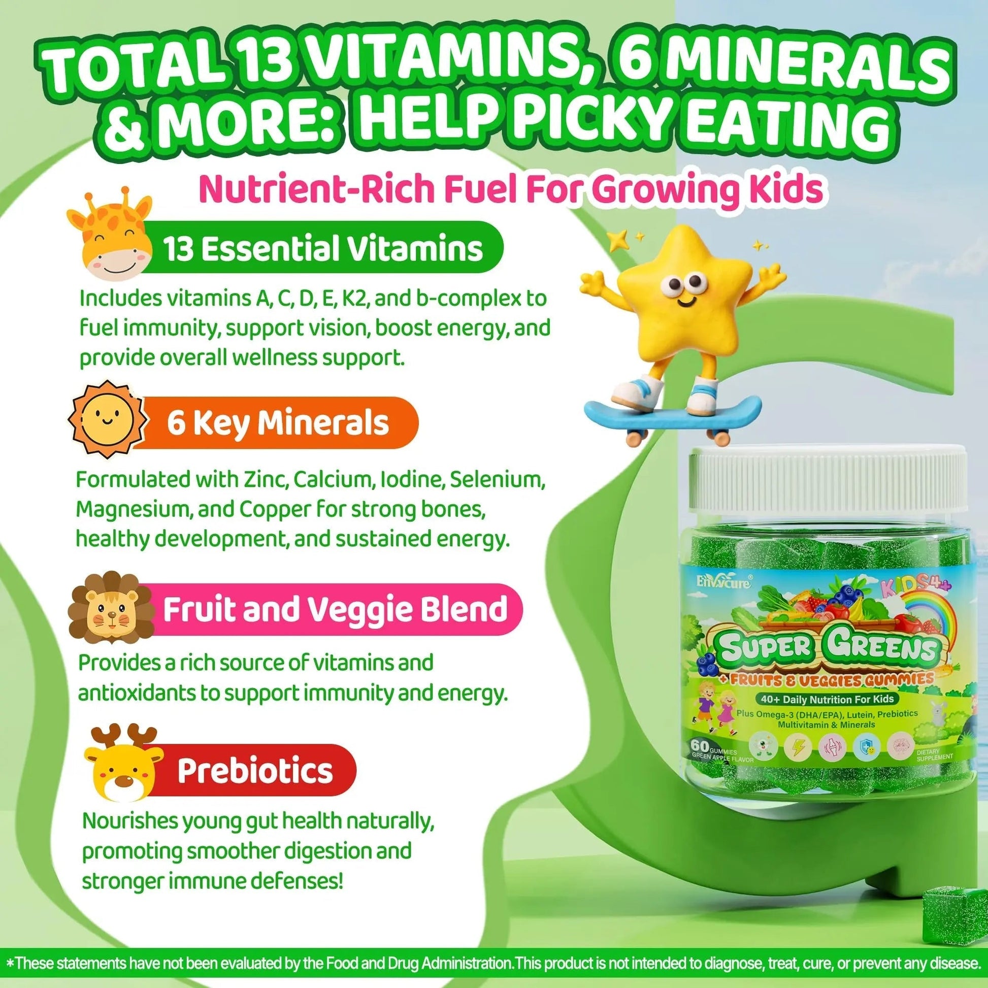 Kids Super Greens Gummies, w/Multivitamins, Spirulina, Chlorella, Spinach, Broccoli, Calcium, Omega-3 (DHA/EPA) EnvyCure uk supplements