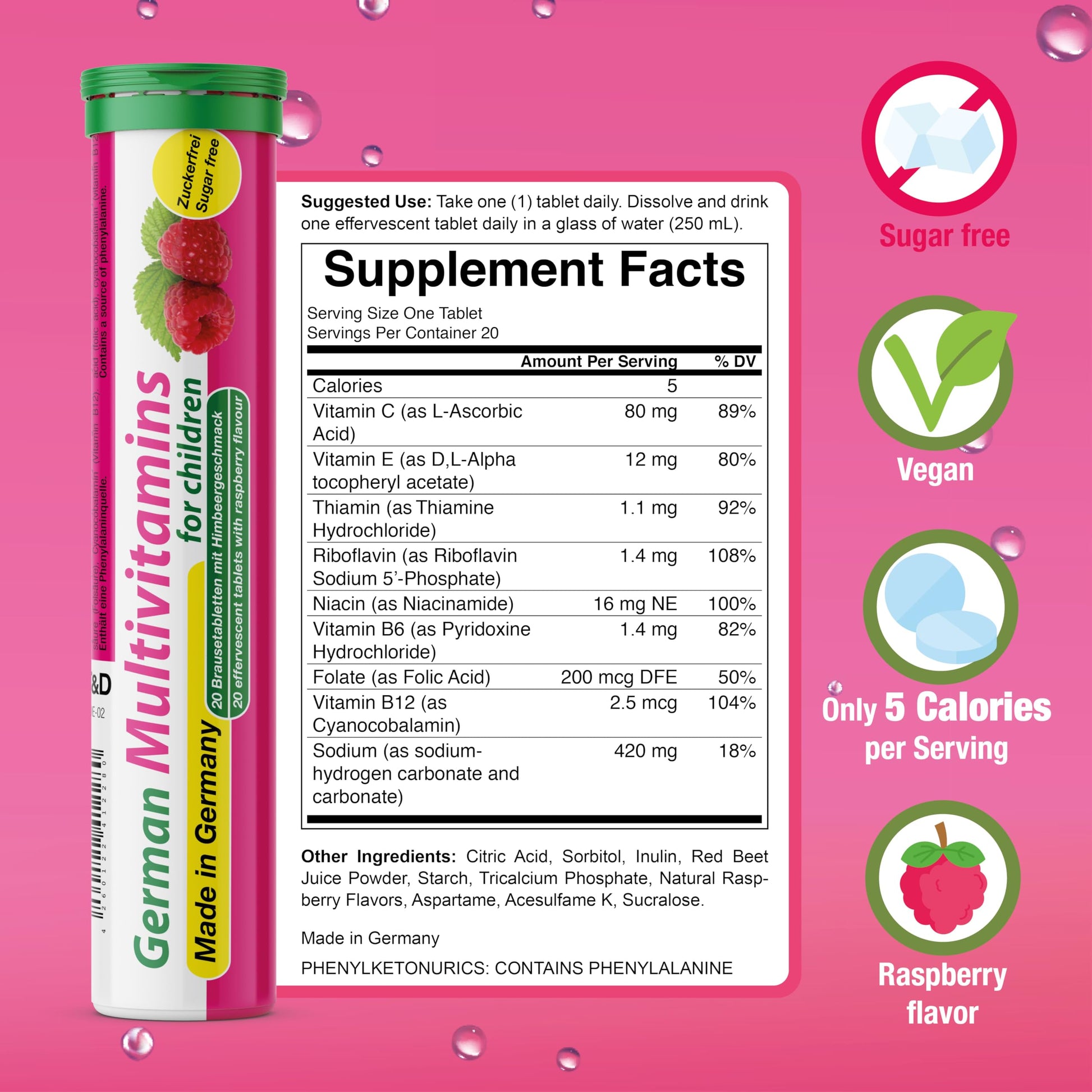 T&D German Multivitamin for Children 60 Drink Effervescent Tablets - Sweet Raspberry Flavour, Sugar Free, Vegan - Vitamin C, E, B1, B2, B6, B12 T&D uk supplements