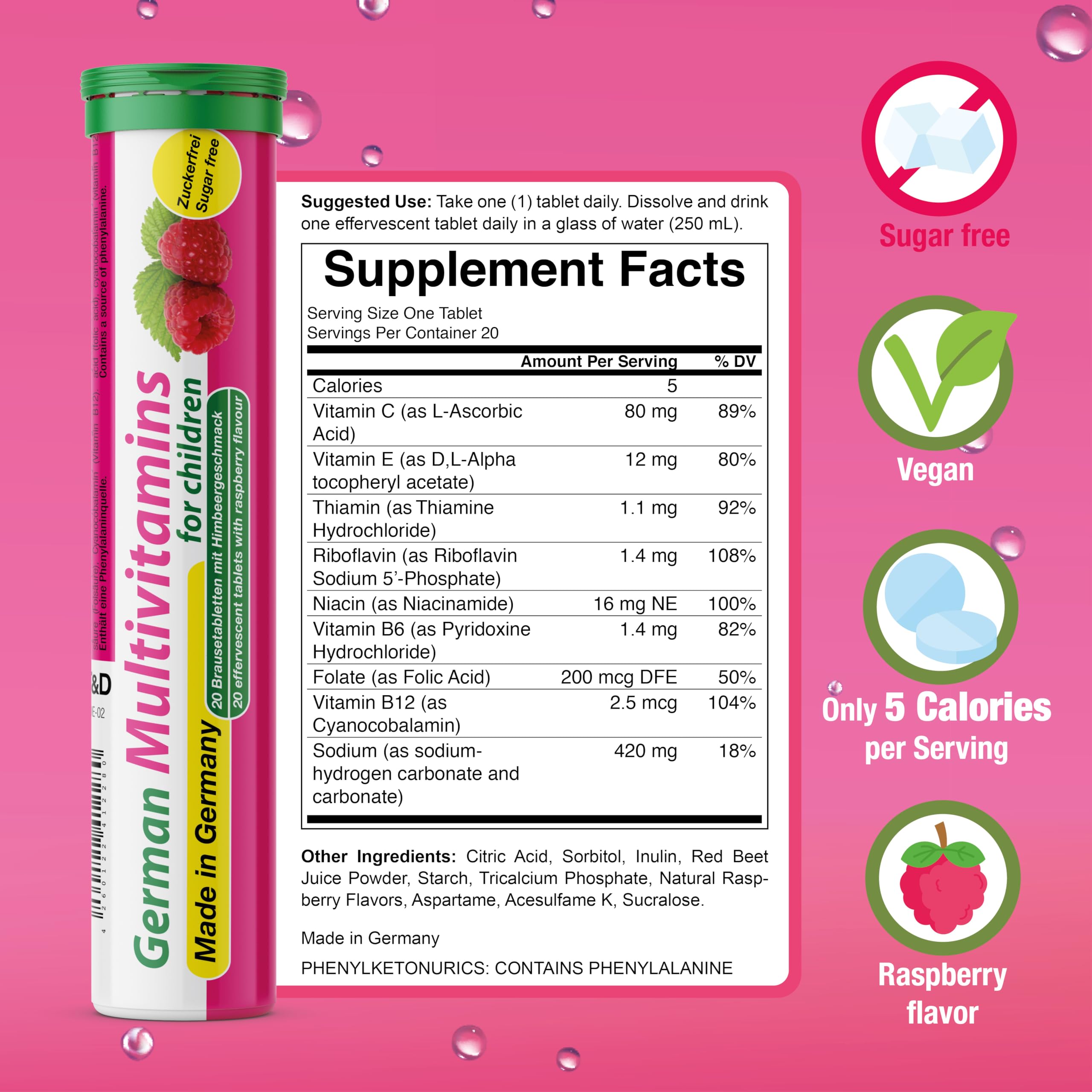 T&D German Multivitamin for Children 60 Drink Effervescent Tablets - Sweet Raspberry Flavour, Sugar Free, Vegan - Vitamin C, E, B1, B2, B6, B12 T&D uk supplements