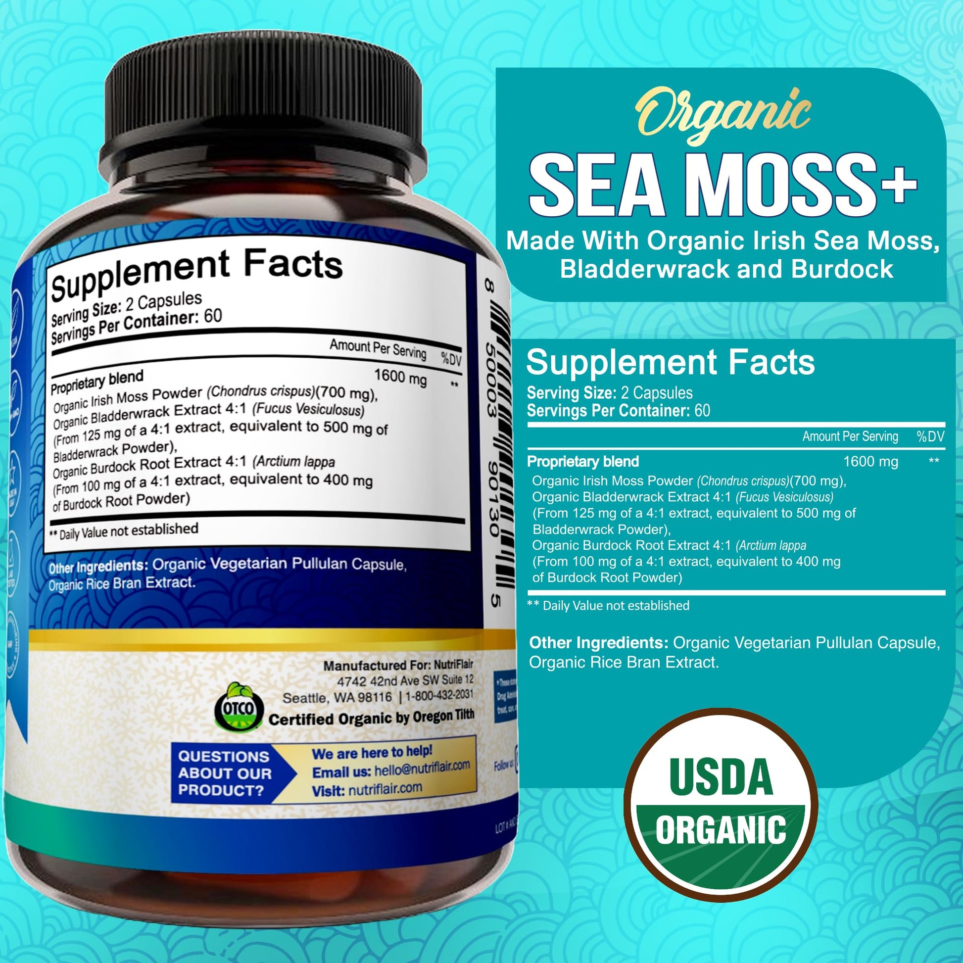NutriFlair Organic Sea Moss 1600mg, 120 Capsules Plus Bladderwrack & Burdock - Prebiotic Super Food - Immune System & Digestive Health - Thyroid, Healthy Skin, Keto Detox, Gut NutriFlair uk supplements