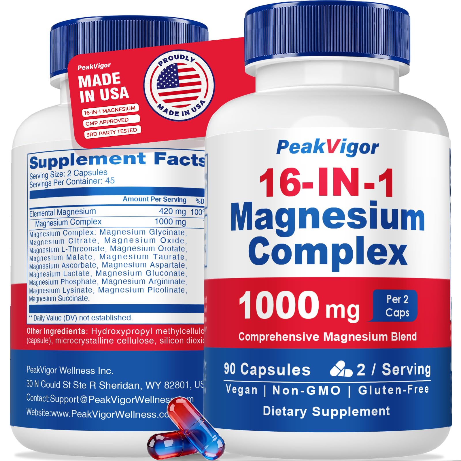 16 in 1 Magnesium Complex, 1000mg Magnesium Complex Supplement for Women with Magnesium Glycinate, Citrate, Orotate, L-Threonate, Malate, Third-Party Tested, Easy-Swallow Vegan Capsules PeakVigor uk supplements