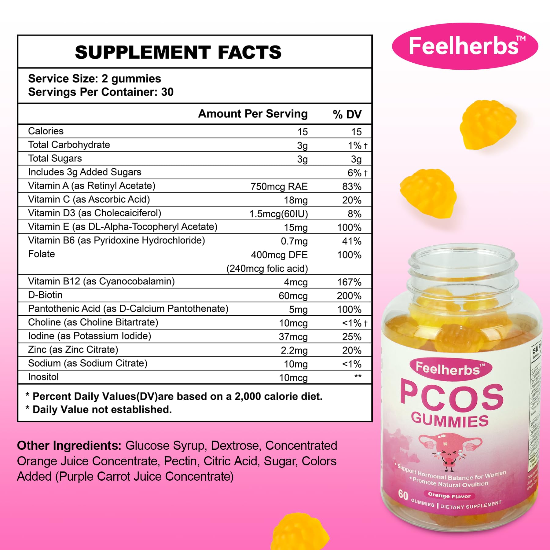 PCOS Gummies for Women Menstrual Cycle & Hormonal Balance, 60 Count Ovarian Support Gummies with Myo-Inositol, Folate and Vitamins, Orange Flavor PCOS Vitamins Gummies Helps Fertility and Ovulation Feelherbs uk supplements