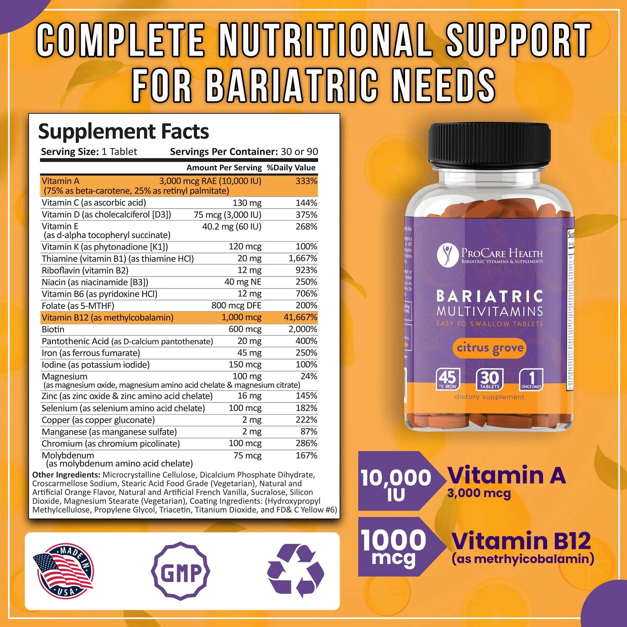 Procare Health Bariatric Multivitamin with Iron 45mg Easy to Swallow 30 Tablets - Post Op Bariatric Vitamins for Gastric Bypass Pills ProCare Health uk supplements