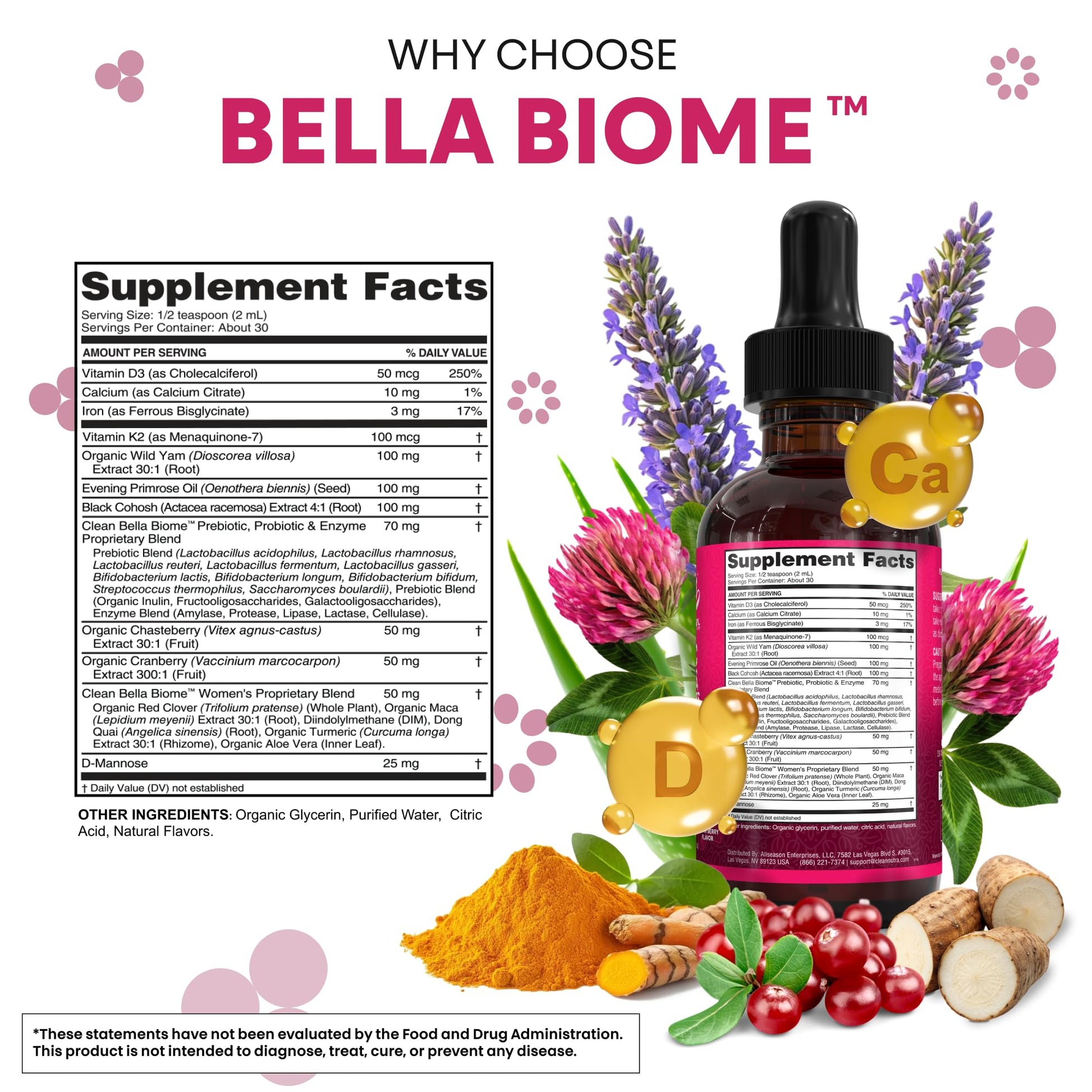 Liquid Probiotics for Women Drops with Chasteberry, Black Cohosh, Prebiotics, Digestive Enzymes, Evening Primrose Oil, Wild Yam, Cranberry Dmannose and Iron Vitamin D3 K2 Clean Nutra Bella Biotics Clean Nutraceuticals uk supplements