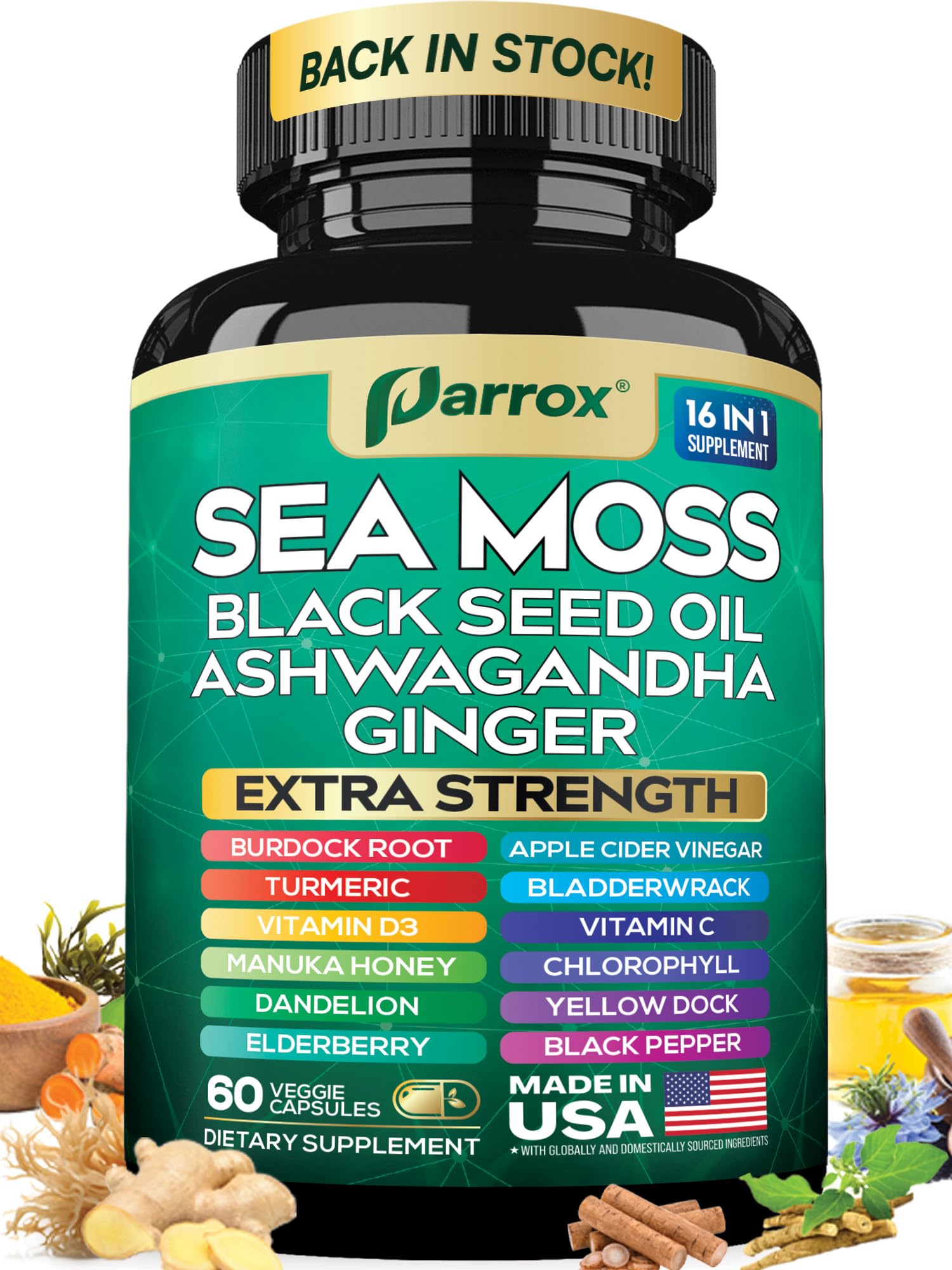 Parrox Sea Moss, Black Seed Oil, Ashwagandha, Turmeric, Chlorophyll, Dandelion, Ginger, Vitamin D3, Black Pepper, Elderberry, ACV, Yellow Dock, Burdock Root, Manuka, Vitamin C, Bladderwrack (60 Caps) Parrox uk supplements