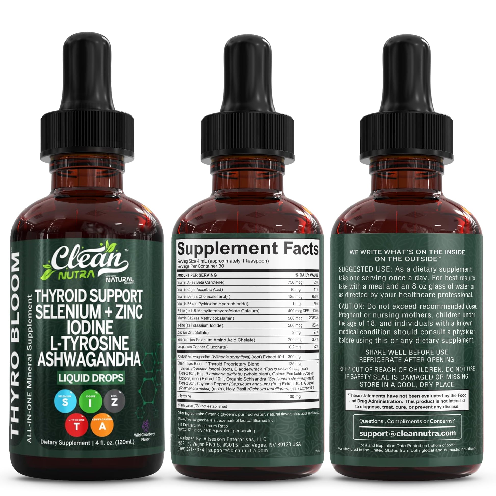 Clean Nutra Thyroid Support Drops Selenium Zinc Iodine L Tyrosine KSM66 Ashwagandha Vitamin D3 B12 A C Turmeric Kelp Schisandra Guggul Cayenne Basil Liquid Supplement Folate Copper Thyro Bloom Drop Clean Nutraceuticals uk supplements