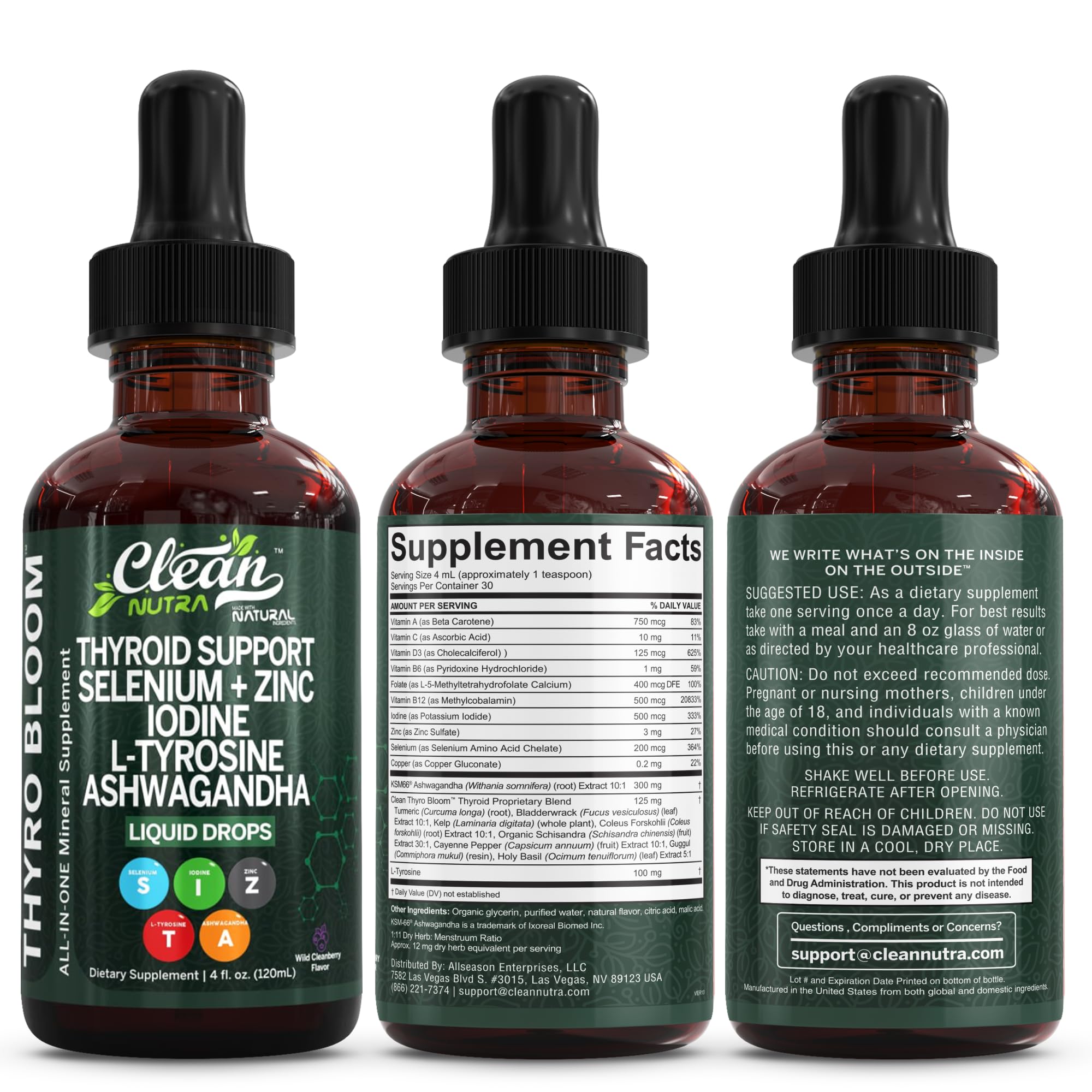 Clean Nutra Thyroid Support Drops Selenium Zinc Iodine L Tyrosine KSM66 Ashwagandha Vitamin D3 B12 A C Turmeric Kelp Schisandra Guggul Cayenne Basil Liquid Supplement Folate Copper Thyro Bloom Drop Clean Nutraceuticals uk supplements
