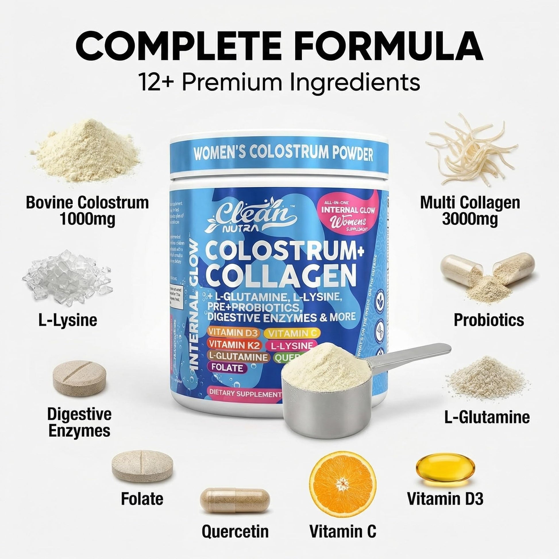 Bovine Colostrum Powder + Collagen Peptides with L-Glutamine L-Lysine Prebiotics Probiotics Digestive Enzymes Vitamin D K2 C Quercetin & Folate | Gut Health Supplement Internal Glow By Clean Nutra Clean Nutraceuticals uk supplements