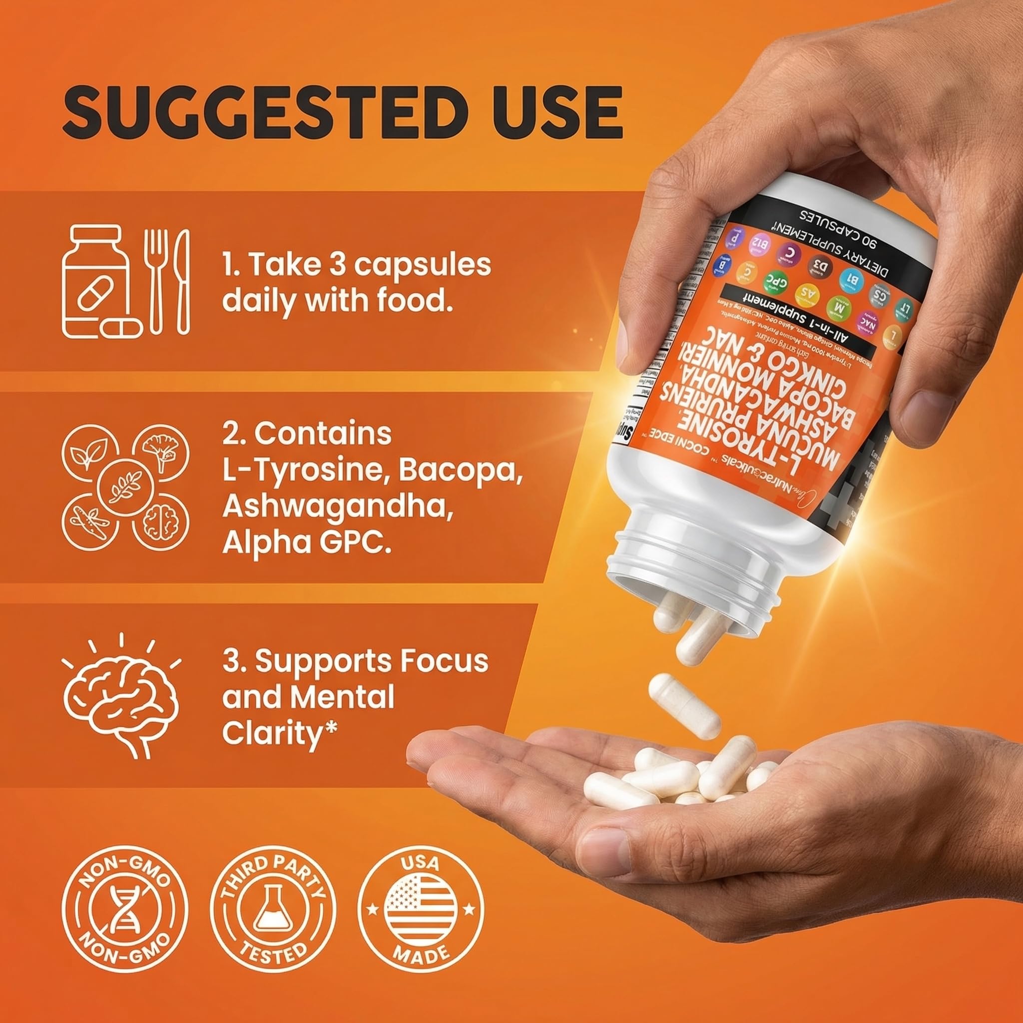 Clean Nutraceuticals L Tyrosine Mucuna Pruriens Bacopa Monnieri Ashwagandha Focus Supplement w/N-Acetyl Cysteine NAC 5-HTP Ginkgo Biloba Alpha GPC Vitamin C D B1 B12 Clean Nutraceuticals uk supplements