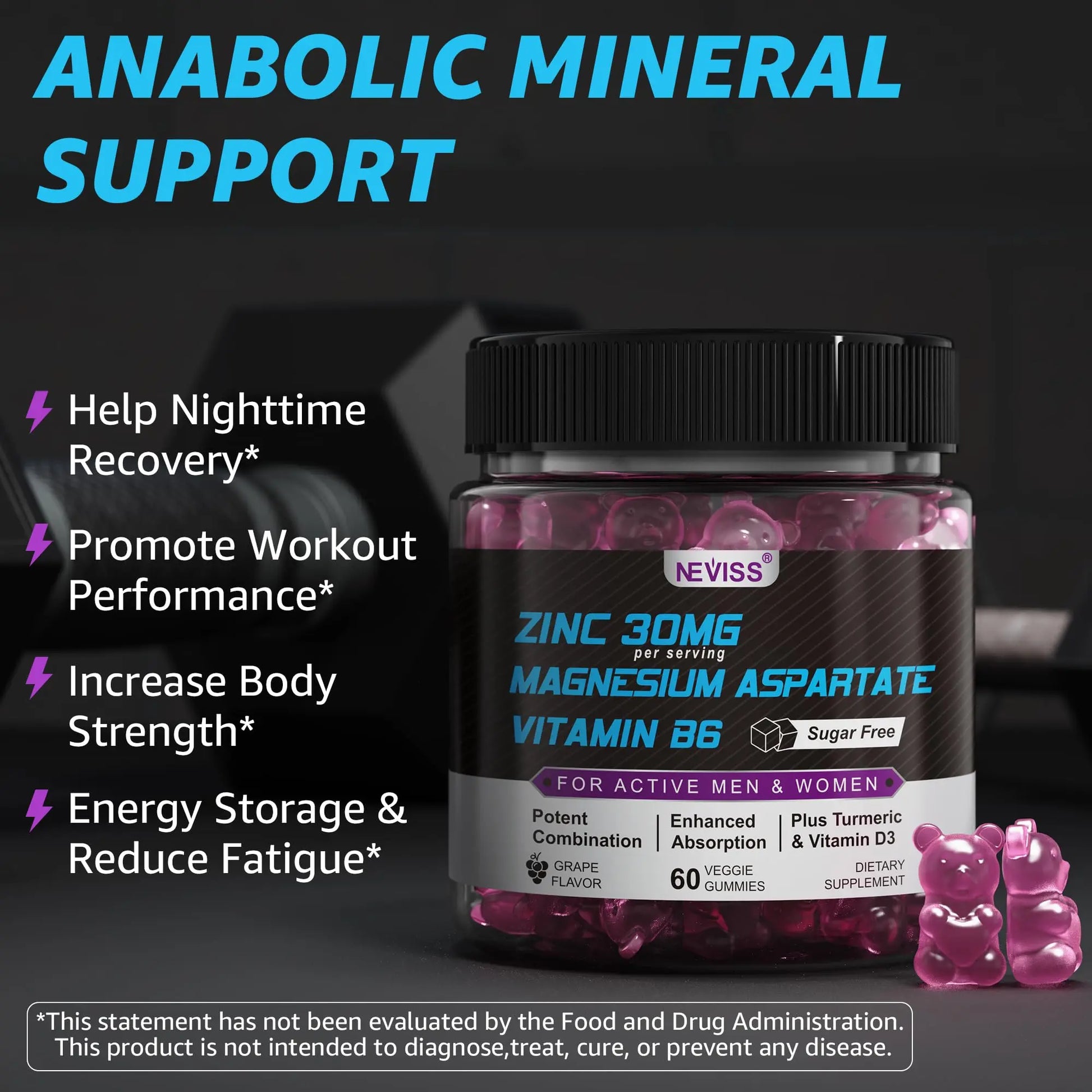 Zinc and Magnesium Supplement, Zinc Magnesium Aspartate Post Workout Gummies for Men Women, with Vitamin B6, B12, D3, Turmeric for Nighttime Recovery, Reduce Fatigue NEVISS uk supplements