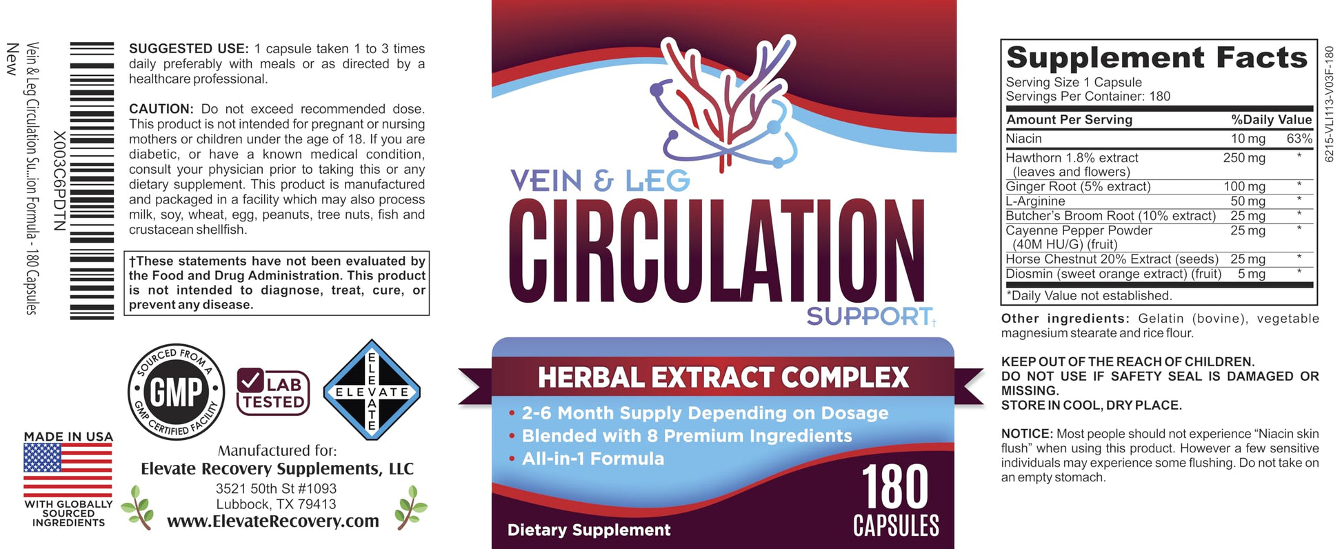 Vein & Leg Circulation (2-Month) Support Supplement with 8 Active Ingredients in 1 Formula | Leg + Vein | Blood Circulation Support Supplements | 60-Day Bulk Supply | 180 Capsules Elevate Recovery Supplements uk supplements