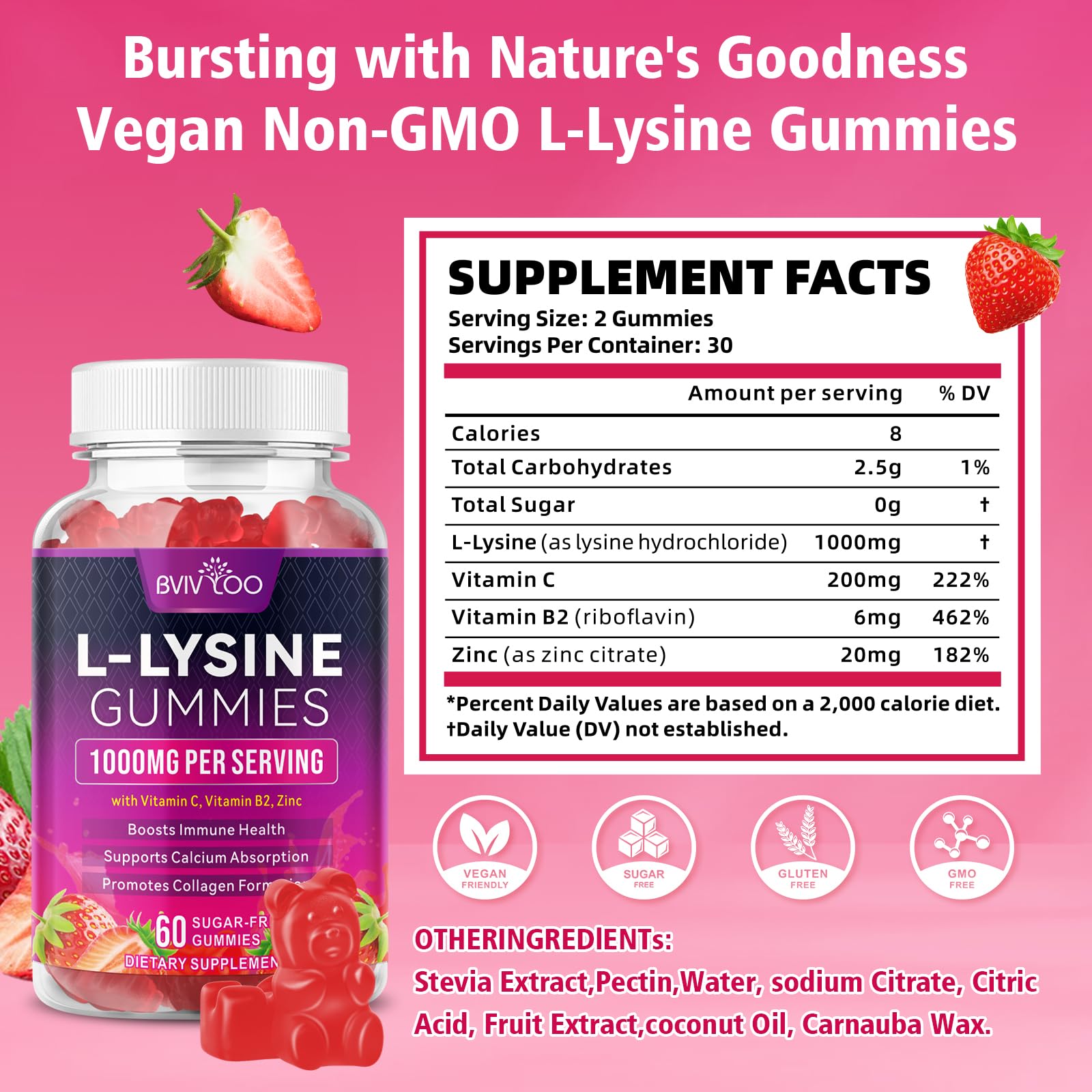 BVIVLOO L-Lysine 1000mg Gummies for Immune Support & Skin Health - High Potency Vegan Gummies, Sugar-Free, Natural Berry Flavor, Gluten-Free Chewable Supplement BVIVLOO uk supplements
