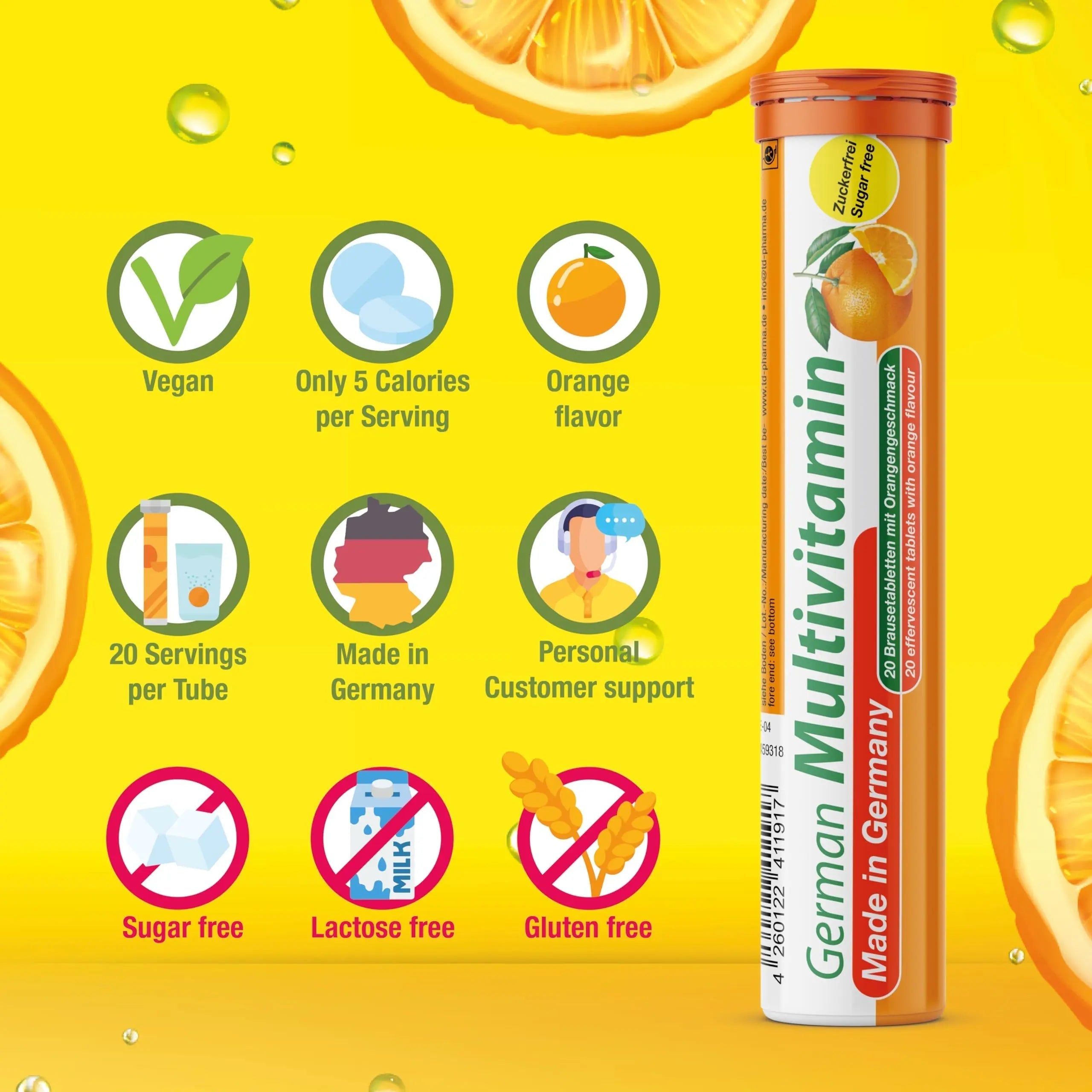 T&D German Multvitamin 10 Vitamins - 40 Vegan Drink Effervescent Tablets - Orange Flavor T&D uk supplements