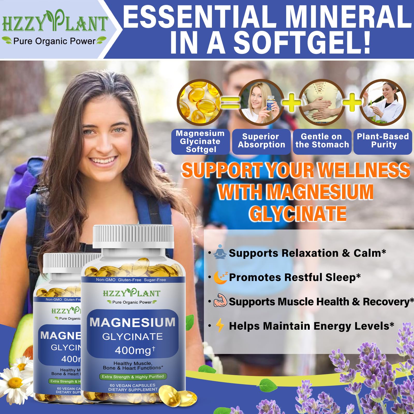 Magnesium Glycinate Softgels, High Absorption Magnesium Glycinate 400mg Supplement for Muscle, Heart, Sleep & Bone Support, Bisglycinate Softgel Capsules Supplement, Vegan, Non-GMO, 2 Month Supply HZZYPLANT uk supplements