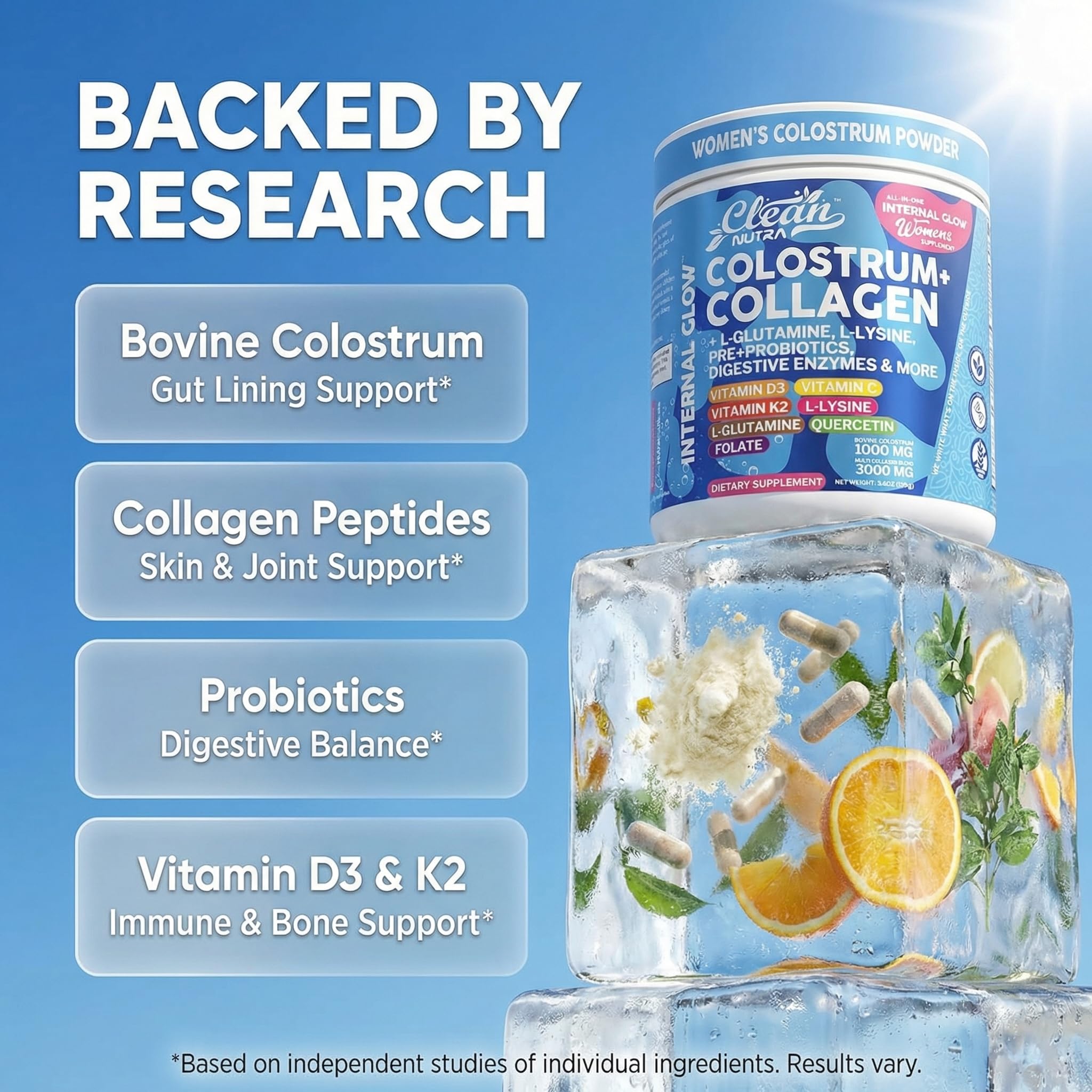 Bovine Colostrum Powder + Collagen Peptides with L-Glutamine L-Lysine Prebiotics Probiotics Digestive Enzymes Vitamin D K2 C Quercetin & Folate | Gut Health Supplement Internal Glow By Clean Nutra Clean Nutraceuticals uk supplements