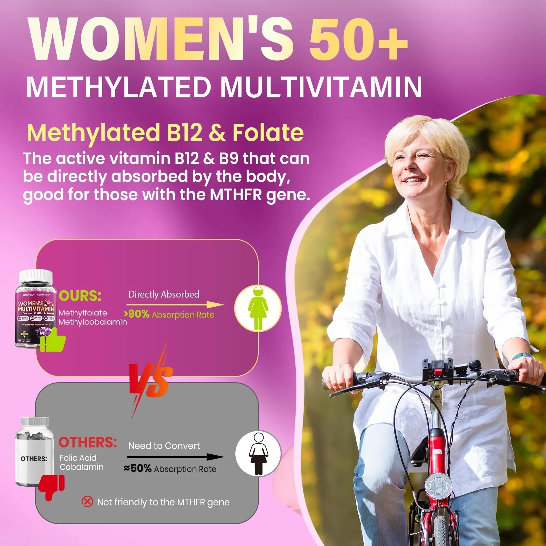 Multivitamin for Women 50 Plus Gummies, Vegan Omega 3, Methylfolate, Calcium, D3 K2, CoQ10, Daily Vitamin A C E, Methylated B12, Biotin, B Complex Nextdia uk supplements