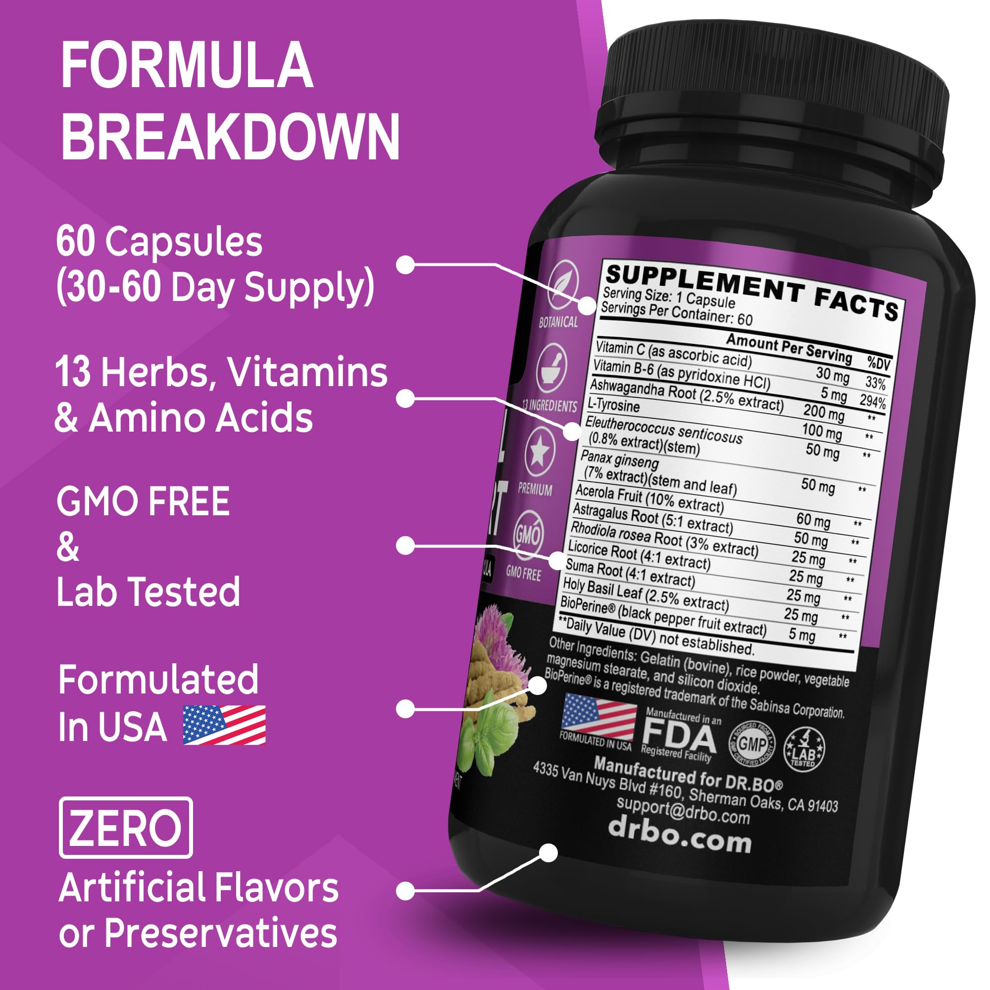 Adrenal Support Cortisol Manager Supplement - Adrenal Fatigue Supplements for Women & Men with Natural Adaptogen Ashwagandha Holy Basil Rhodiola L Tyrosine Complex Fatigue Cortisol Health - 60 Pills DR. BO uk supplements