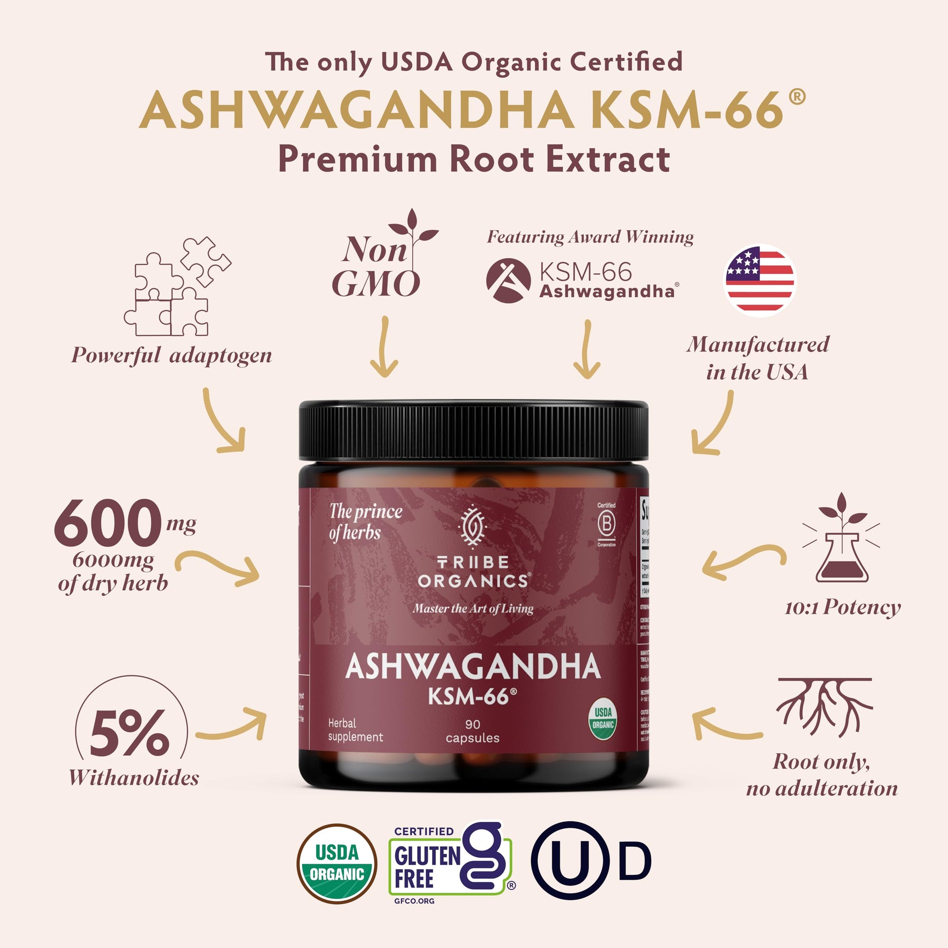 TRIBE ORGANICS Ashwagandha KSM 66 Pure Organic Root Powder Extract Ayurvedic Supplement - Focus Mood Support Increase Energy Strength 600mg of Natural KSM66 for Superior Absorption - 90 Capsules TRIBE ORGANICS uk supplements