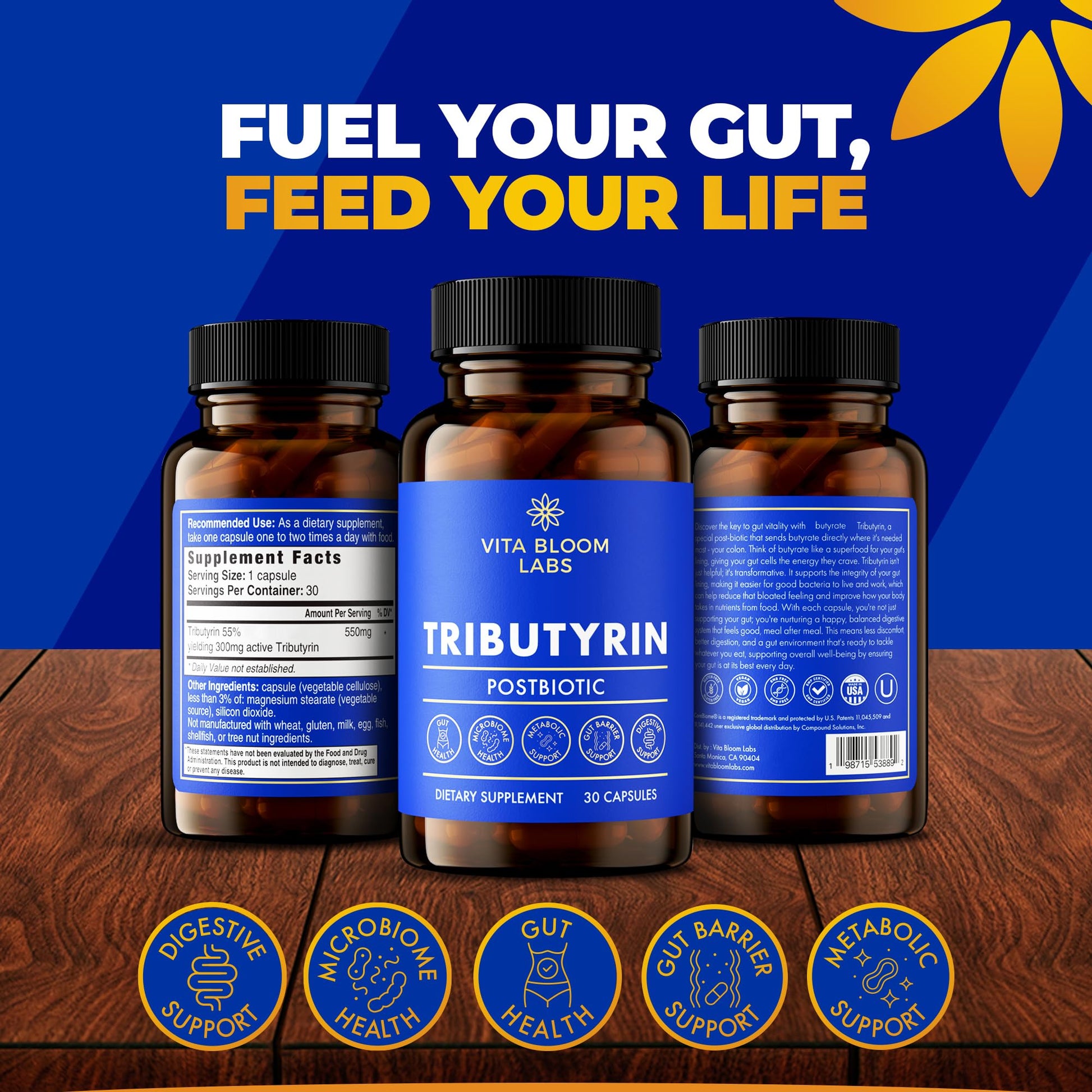Tributyrin Supplement - Better Delivery & More Effective than Sodium Butyrate - Gut Health & Digestive Support - 3-in-1 Butyrate Postbiotics for Leaky Gut & Gut Barrier Support - 30 Capsules Vita Bloom Labs uk supplements
