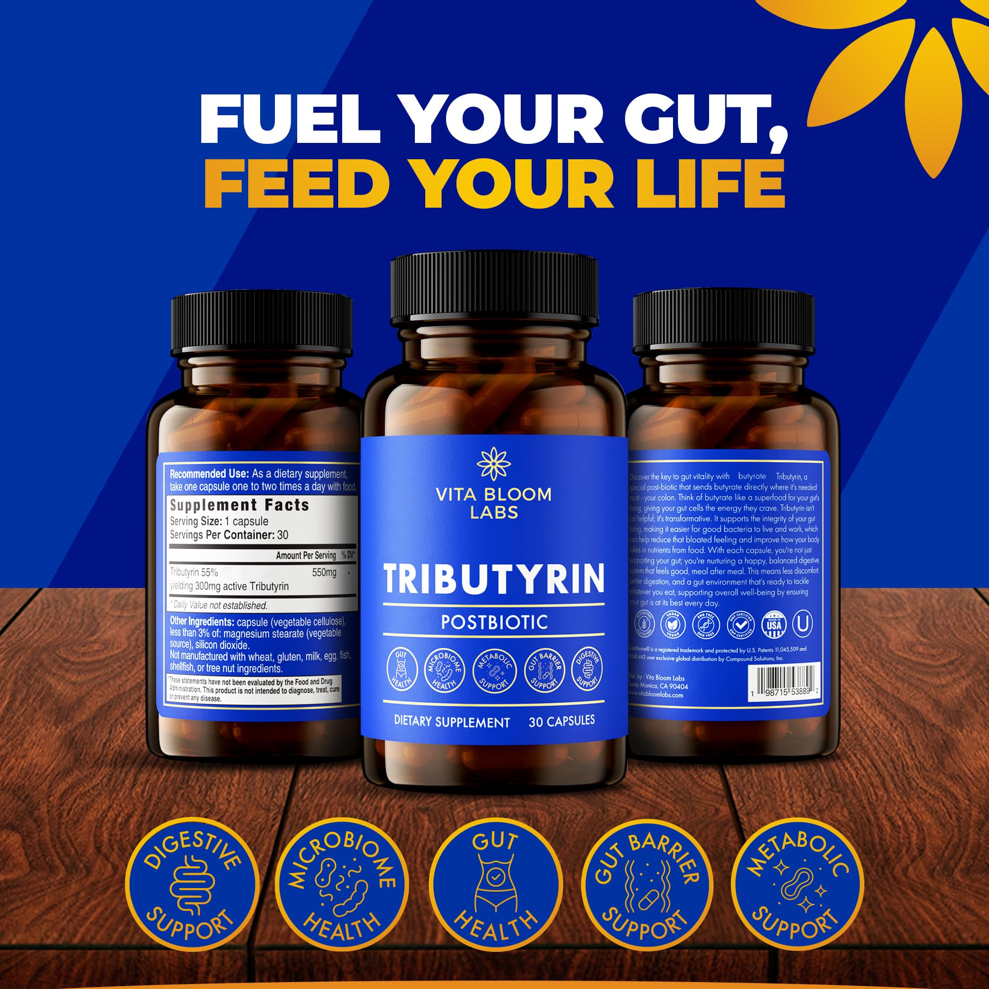 Tributyrin Supplement - Better Delivery & More Effective than Sodium Butyrate - Gut Health & Digestive Support - 3-in-1 Butyrate Postbiotics for Leaky Gut & Gut Barrier Support - 30 Capsules Vita Bloom Labs uk supplements