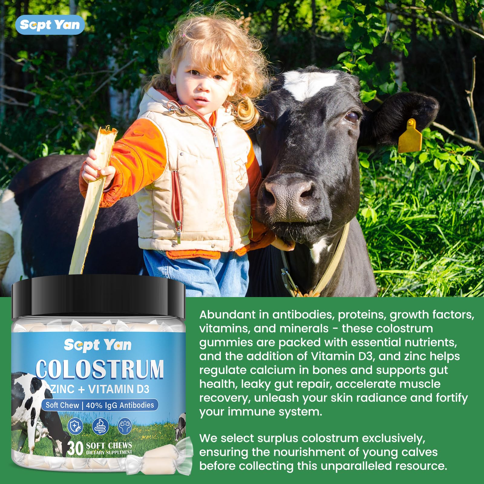 Colostrum Soft Chew Supplement (3000mg + 40% IgG), Concentrated Bovine Colostrum SEPT YAN uk supplements