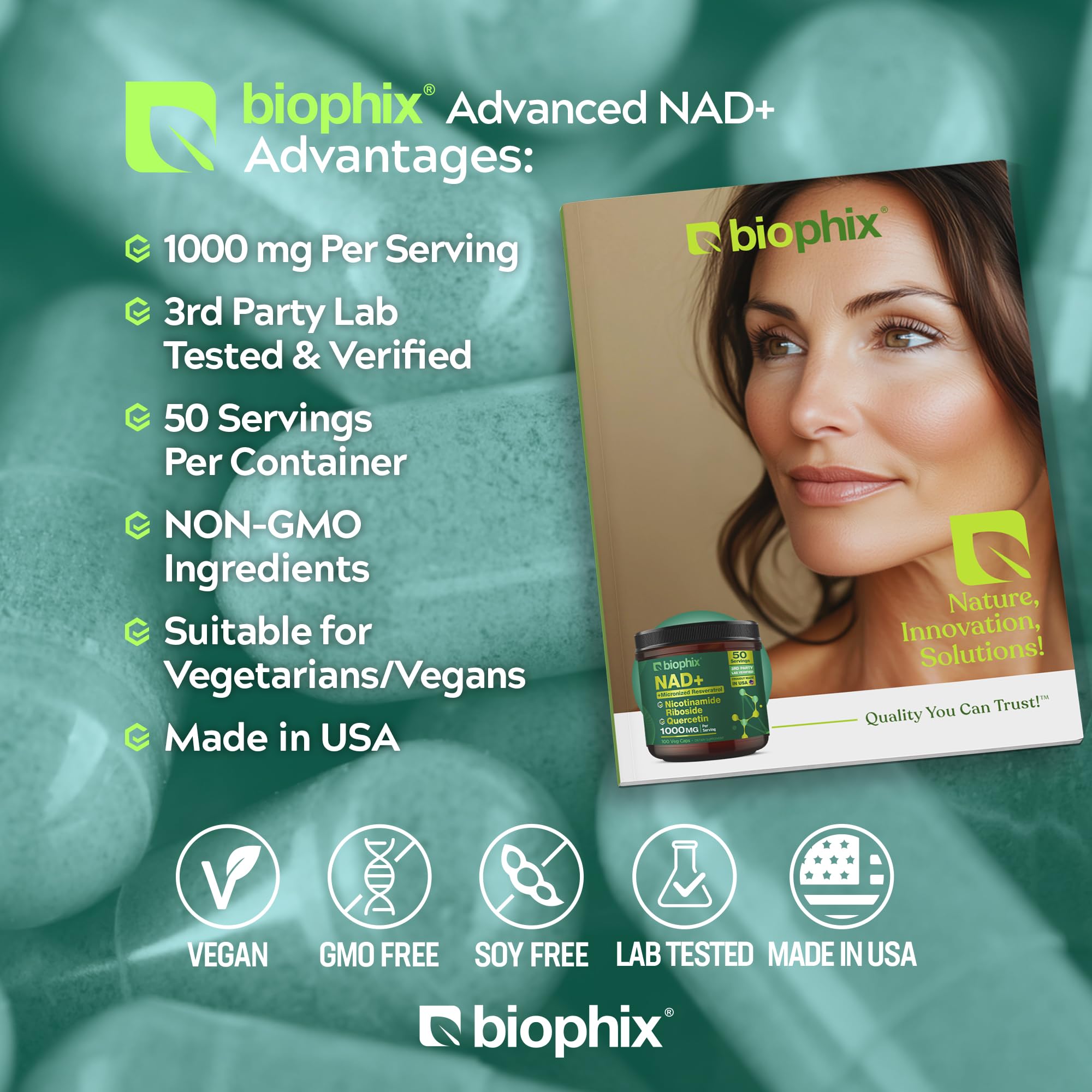 biophix NAD+ Liposomal Supplement for Women & Men - 1000 mg per Serving - Nicotinamide Riboside, Micronized Resveratrol & Quercetin Complex - 100 Veg Capsules - Non-GMO, Gluten-Free, cGMP Certified biophix uk supplements