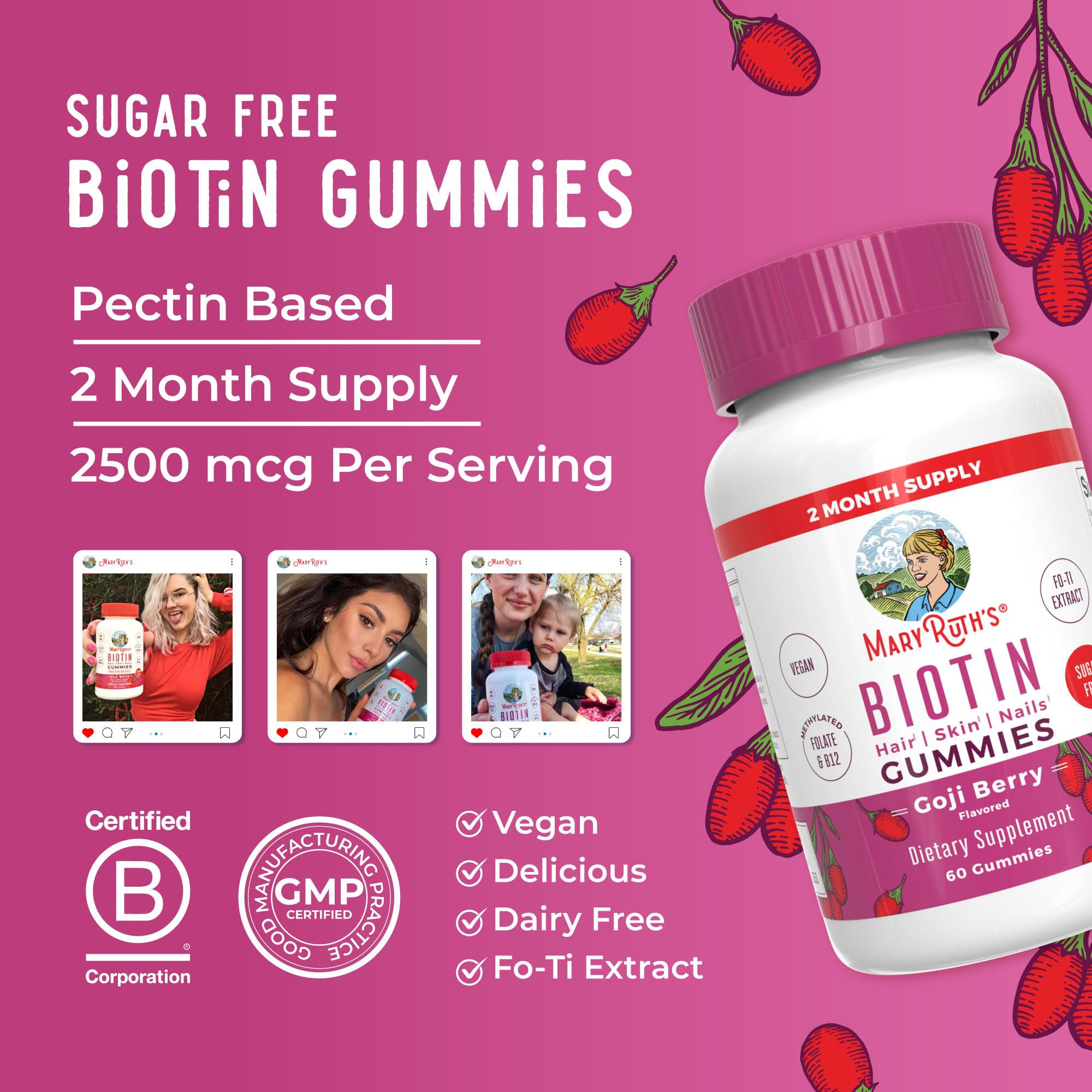 MaryRuth Organics Biotin Gummies | Sugar Free | Vegan | Non-GMO | 2,500 mcg Biotin Supplement | Hair Skin and Nails Vitamins | Hair Growth Vitamins | Hair Growth Supplement | 60 Count MARYRUTH'S uk supplements
