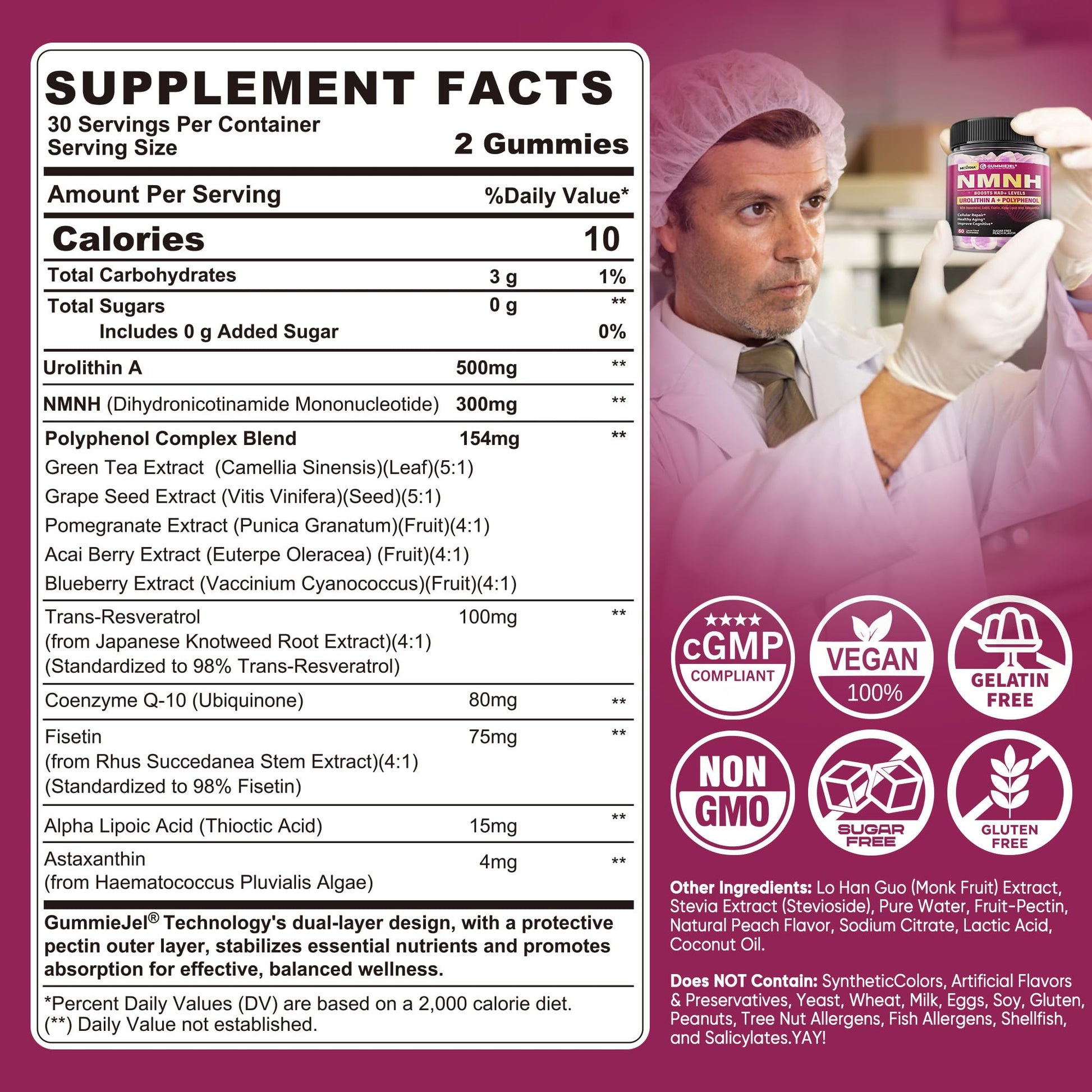 NMNH Gummies 300MG for Longevity with Urolithin A, Polyphenol Blend, Resveratrol, NAD+ Supplement for Women & Men Boost NAD+ Levels, Optimized Aging, Cell, DNA Repair, Energy, Focus, Sugar Free, 60cts Nextdia uk supplements