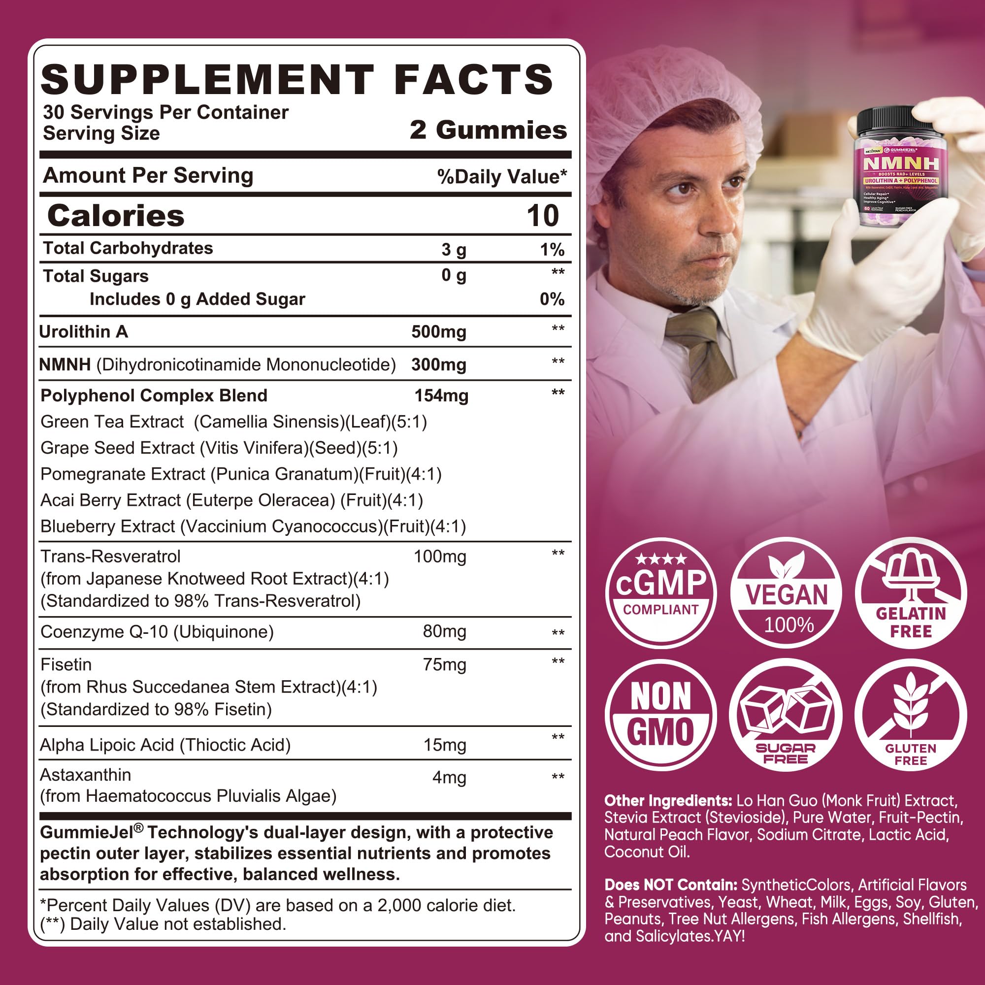 NMNH Gummies 300MG for Longevity with Urolithin A, Polyphenol Blend, Resveratrol, NAD+ Supplement for Women & Men Boost NAD+ Levels, Optimized Aging, Cell, DNA Repair, Energy, Focus, Sugar Free, 60cts Nextdia uk supplements